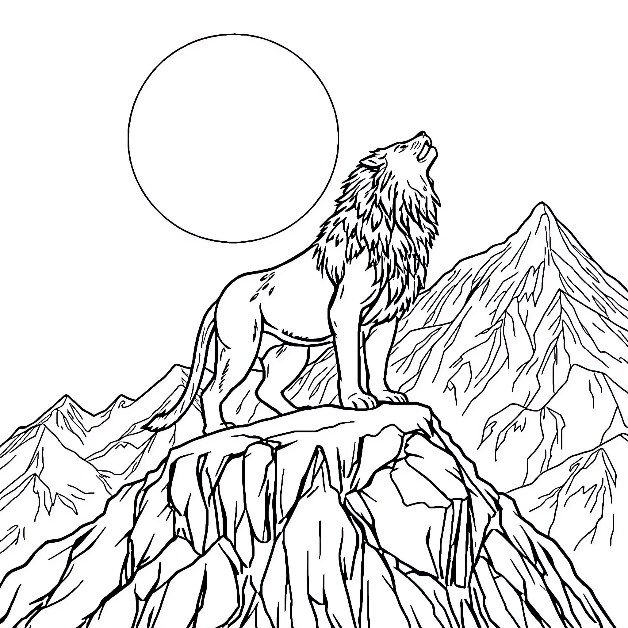 Wolf howling at the moon on a rocky mountain cliff Coloring Page (free black-and-white line drawing printable PDF for all, from beginners to advanced learners, including children, teens, adults, and seniors)
