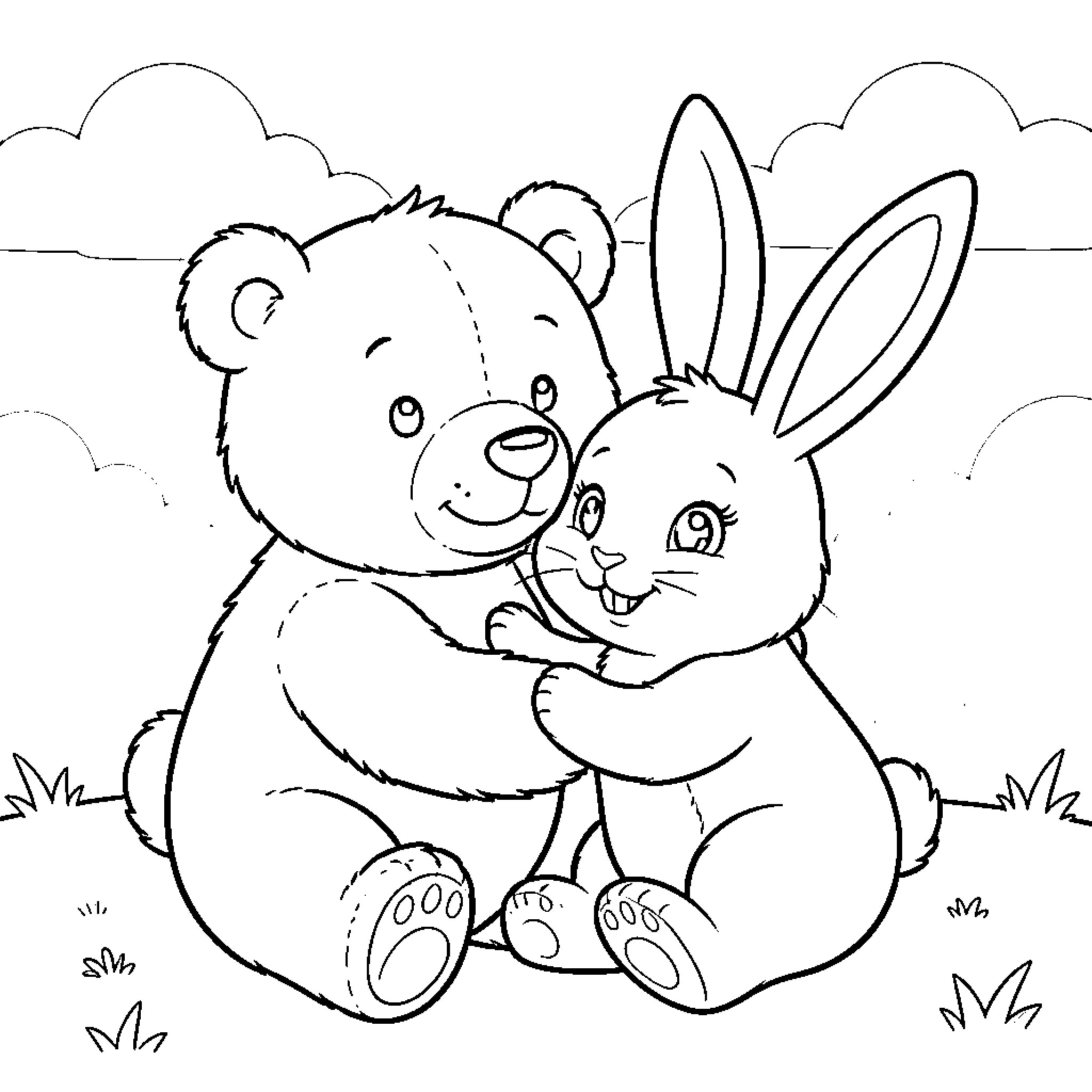 Bear and Rabbit Embracing in Nature Coloring Page (free black-and-white line drawing printable PDF for all, from beginners to advanced learners, including children, teens, adults, and seniors)
