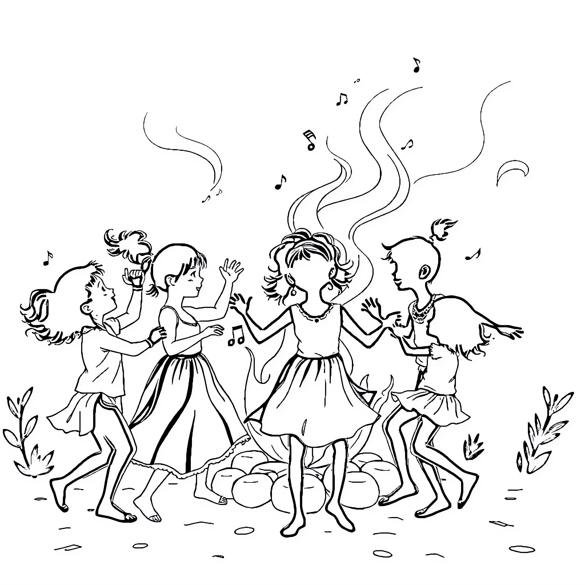 Enfant Joyeux en pleine danse et musique Coloring Page (free black-and-white line drawing printable PDF for all, from beginners to advanced learners, including children, teens, adults, and seniors)