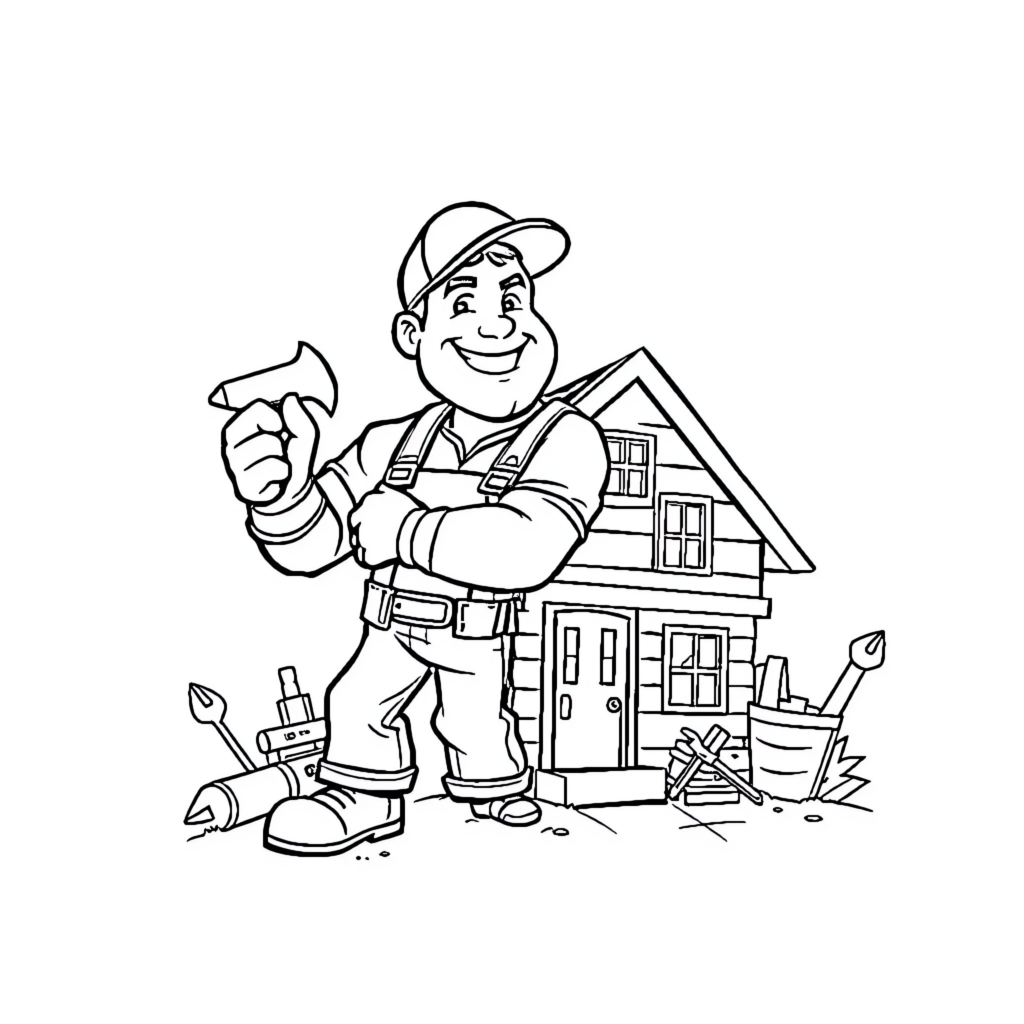Handyman fixing up a house with tools Coloring Page (free black-and-white line drawing printable PDF for all, from beginners to advanced learners, including children, teens, adults, and seniors)