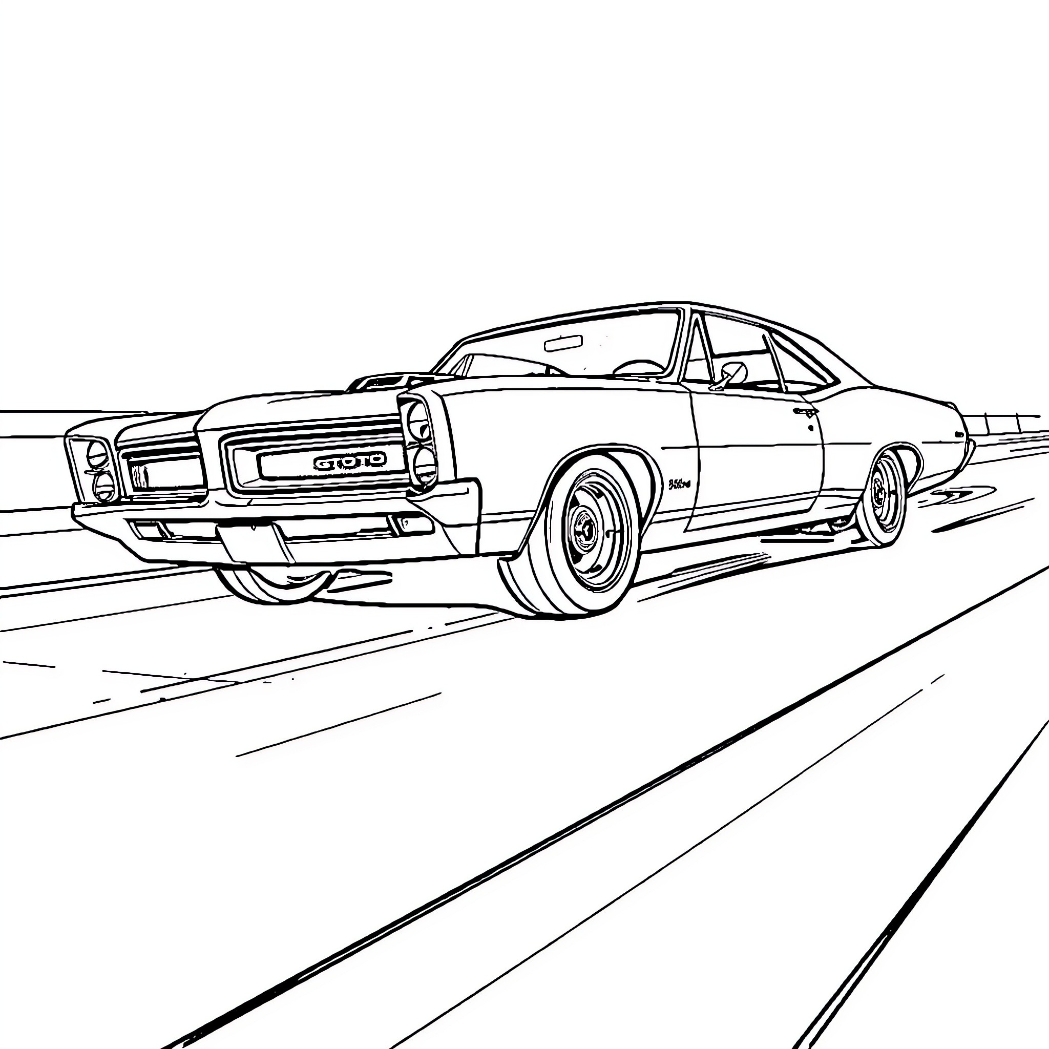 Gto muscle car speeding on the road Coloring Page (free black-and-white line drawing printable PDF for all, from beginners to advanced learners, including children, teens, adults, and seniors)