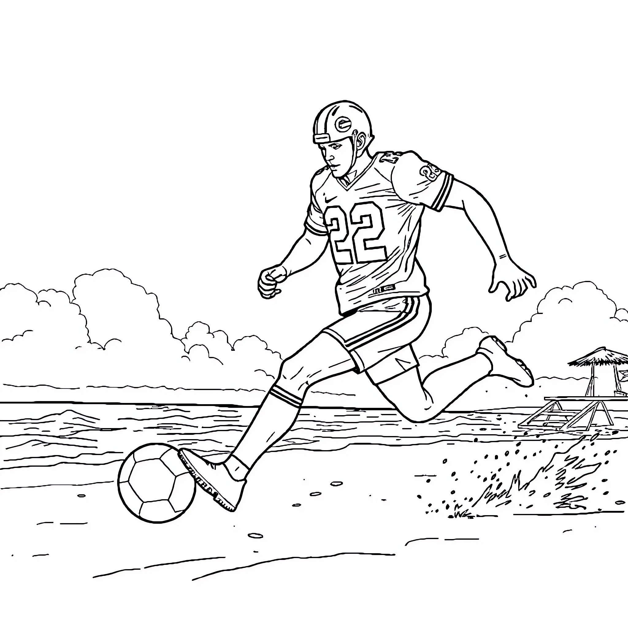 Football Player in Action on the Field Coloring Page (free black-and-white line drawing printable PDF for all, from beginners to advanced learners, including children, teens, adults, and seniors)