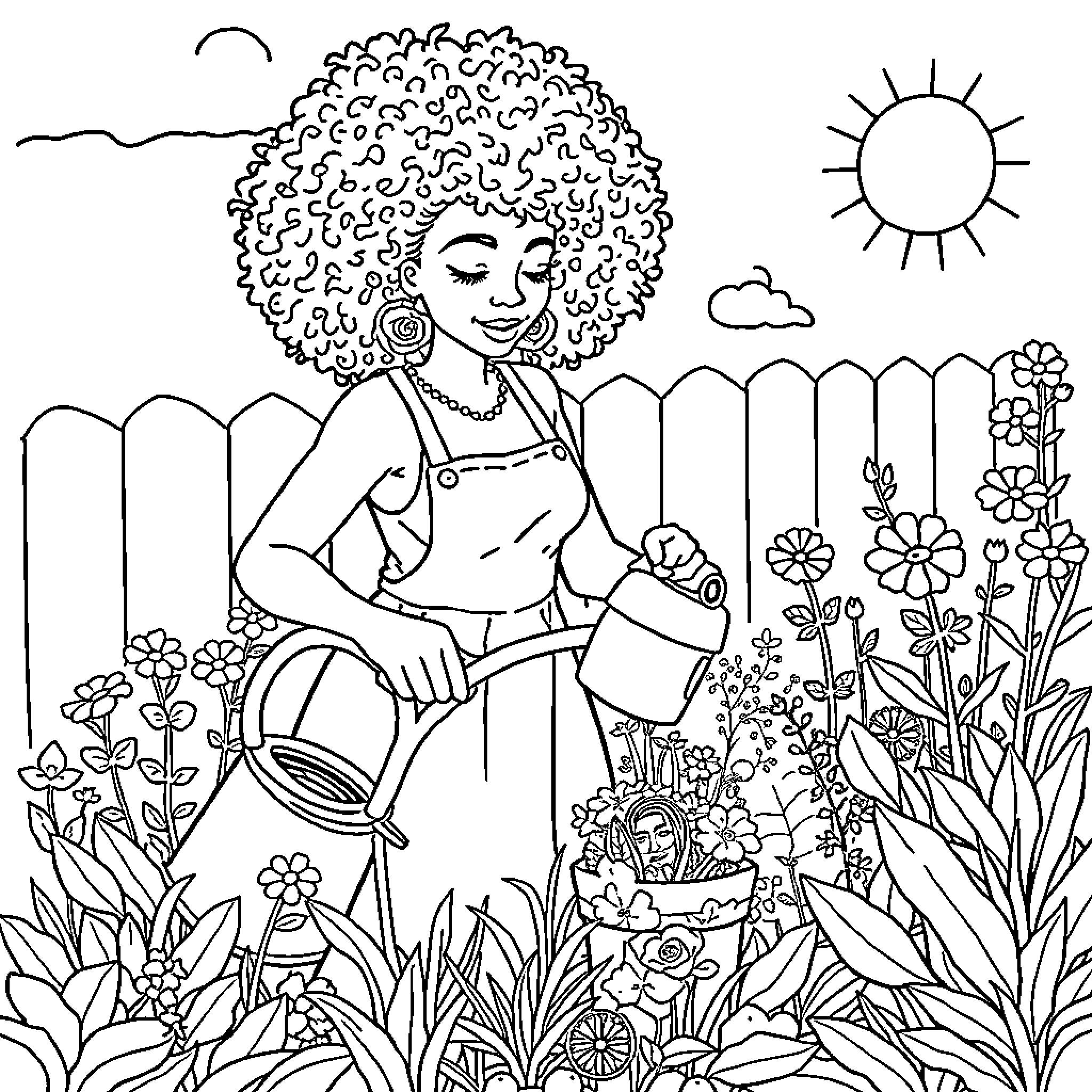 Lady gardening in a lush and vibrant garden Coloring Page (free black-and-white line drawing printable PDF for all, from beginners to advanced learners, including children, teens, adults, and seniors)