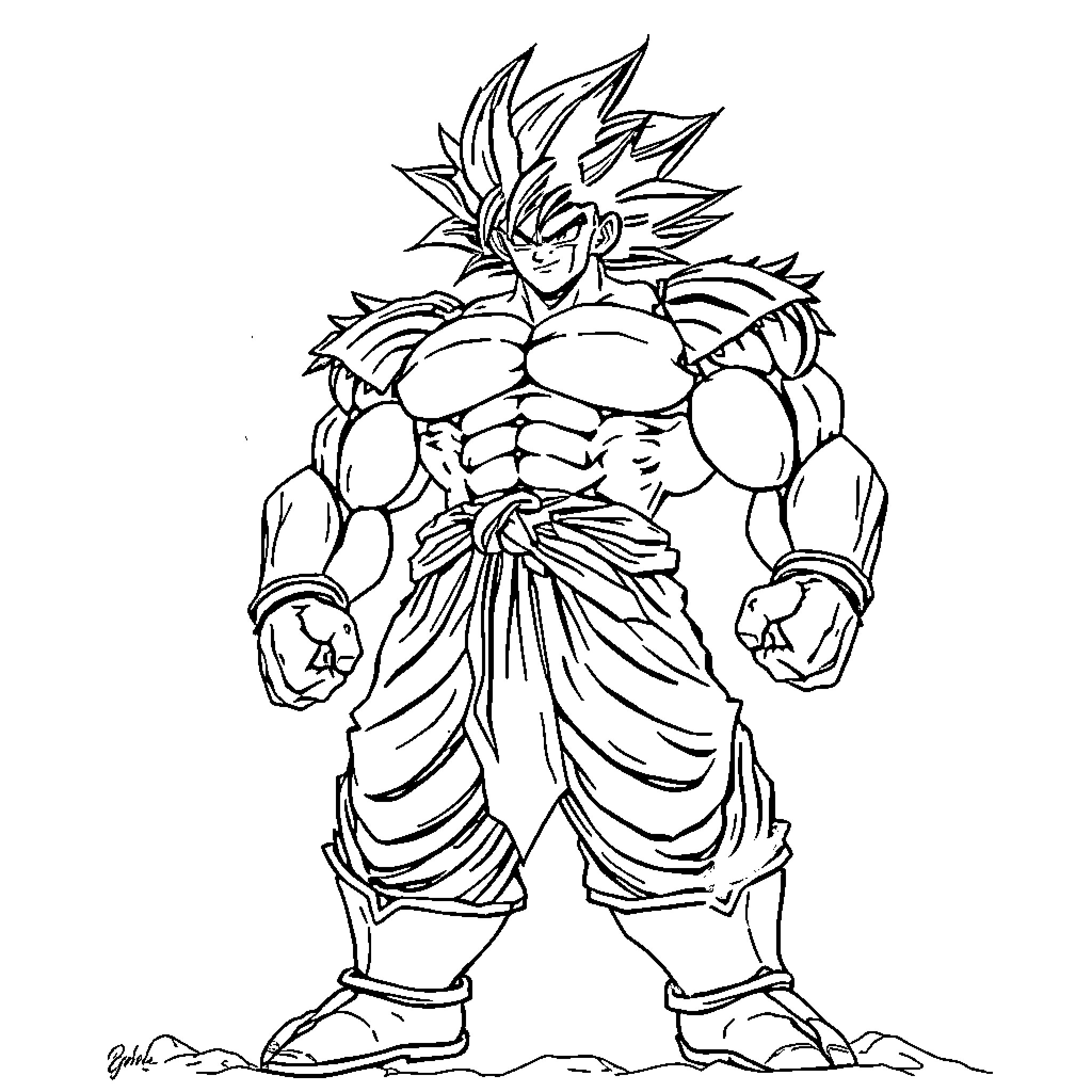 Broly, the powerful warrior, in fierce stance Coloring Page (free black-and-white line drawing printable PDF for all, from beginners to advanced learners, including children, teens, adults, and seniors)