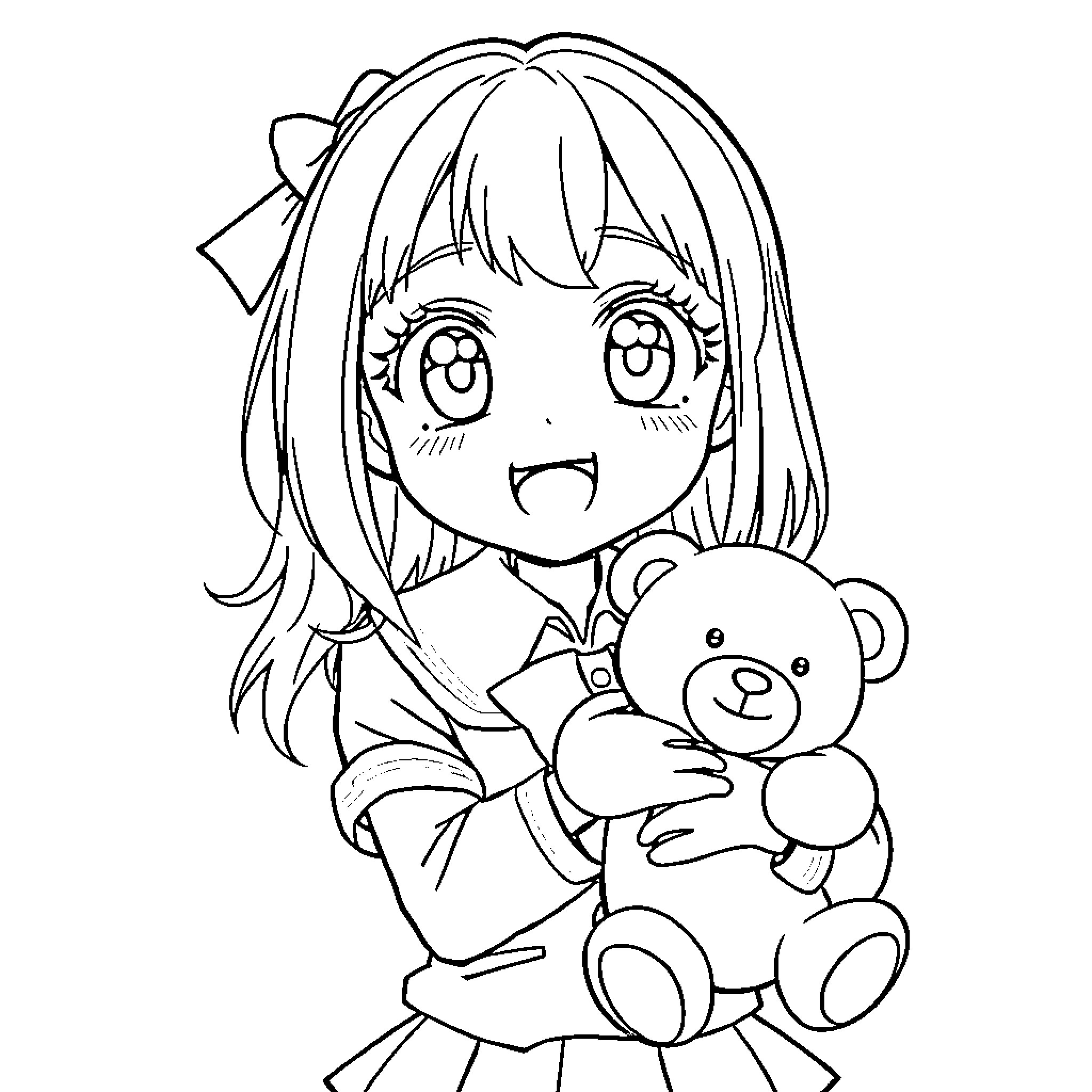 Anya's Cheerful Playtime with Teddy Bear Coloring Page (free black-and-white line drawing printable PDF for all, from beginners to advanced learners, including children, teens, adults, and seniors)