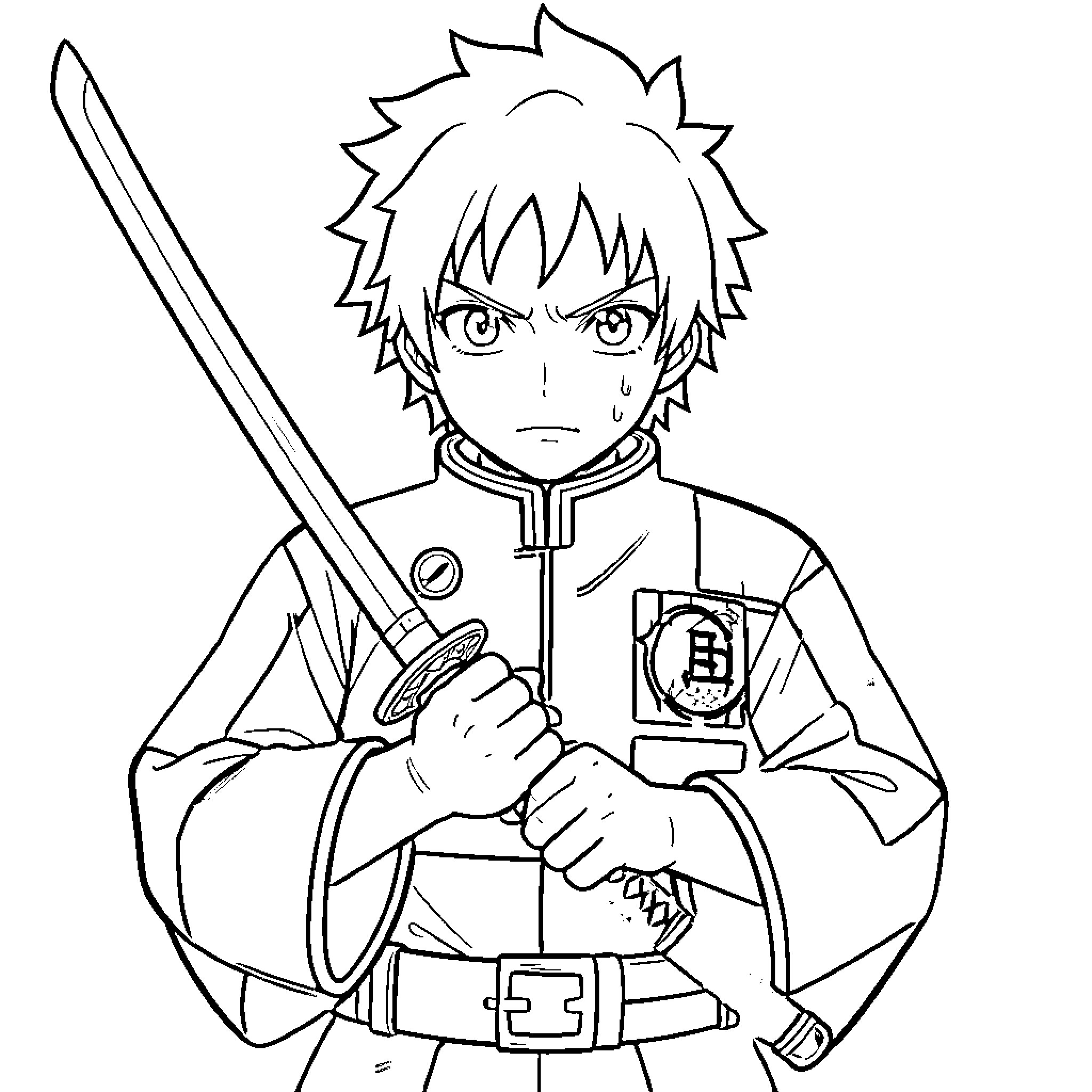 Tanjiro holding a sword with a determined expression Coloring Page (free black-and-white line drawing printable PDF for all, from beginners to advanced learners, including children, teens, adults, and seniors)