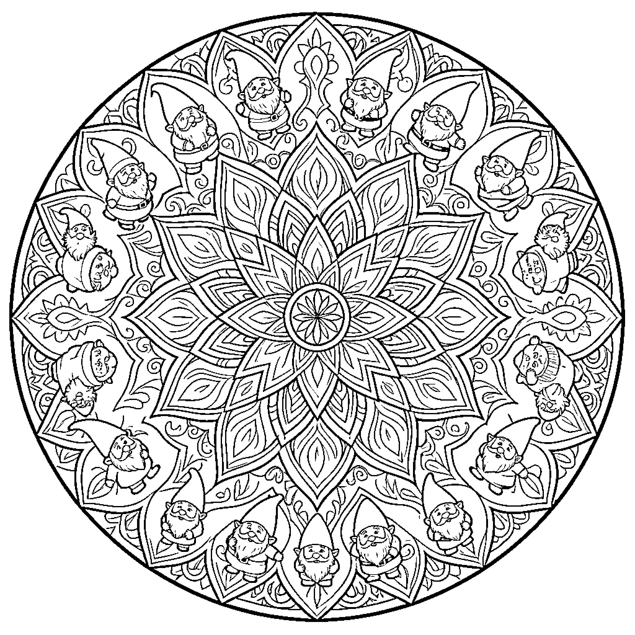 Gnome Mandala with Intricate Decorative Elements Coloring Page (free black-and-white line drawing printable PDF for all, from beginners to advanced learners, including children, teens, adults, and seniors)