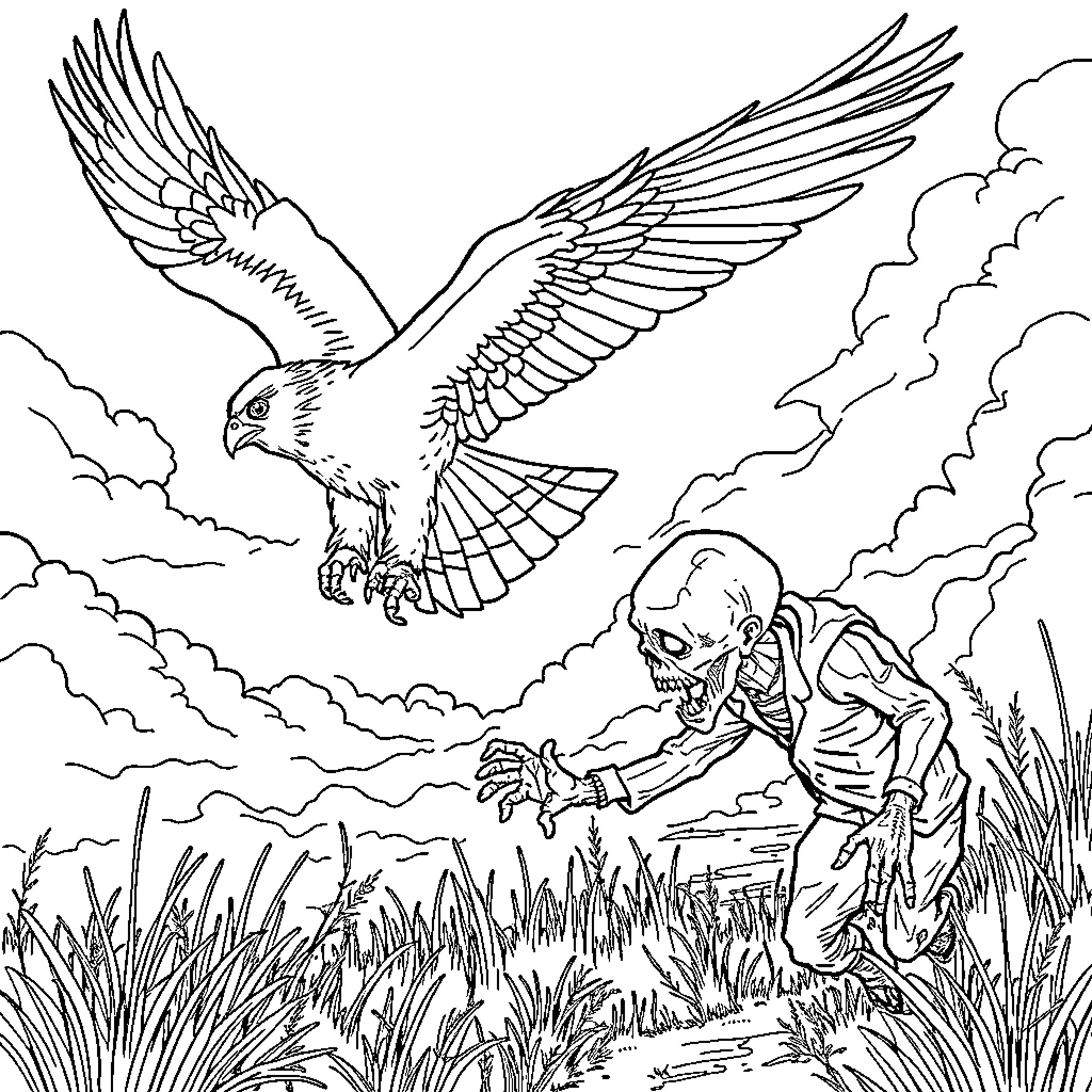 Falcon hunting in the wilderness Coloring Page (free black-and-white line drawing printable PDF for all, from beginners to advanced learners, including children, teens, adults, and seniors)