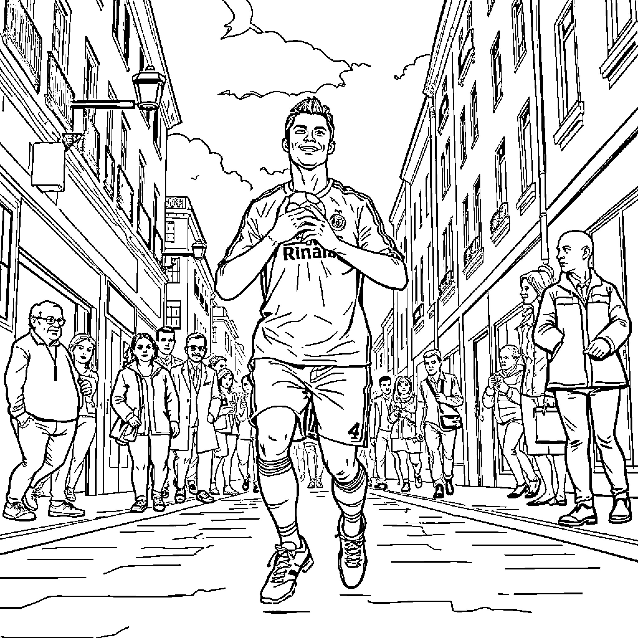 Cristiano Ronaldo Walking through Crowded City Street Coloring Page (free black-and-white line drawing printable PDF for all, from beginners to advanced learners, including children, teens, adults, and seniors)
