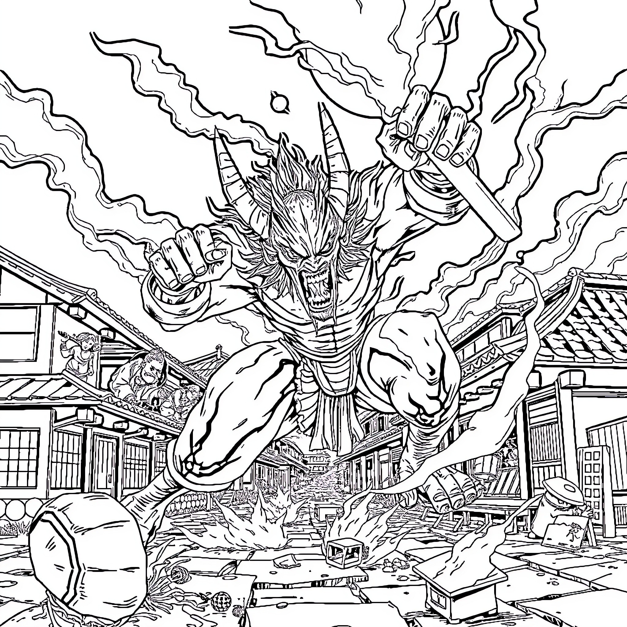 Demon Wreaking Havoc in the City Coloring Page (free black-and-white line drawing printable PDF for all, from beginners to advanced learners, including children, teens, adults, and seniors)