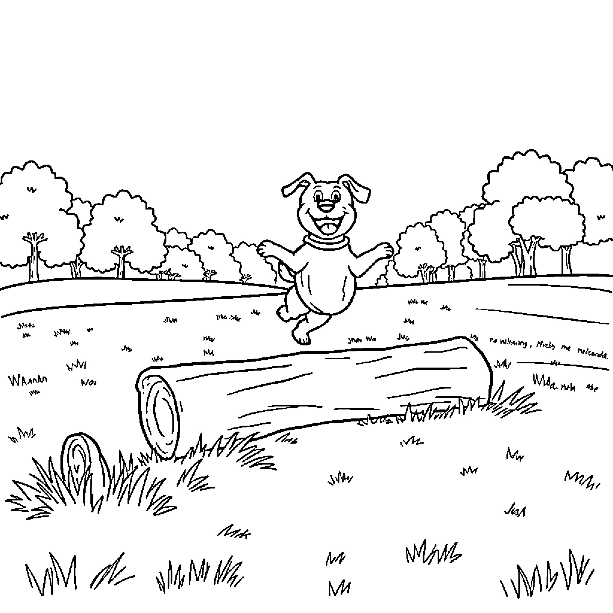 Dog happily jumping across a fallen log in nature Coloring Page (free black-and-white line drawing printable PDF for all, from beginners to advanced learners, including children, teens, adults, and seniors)
