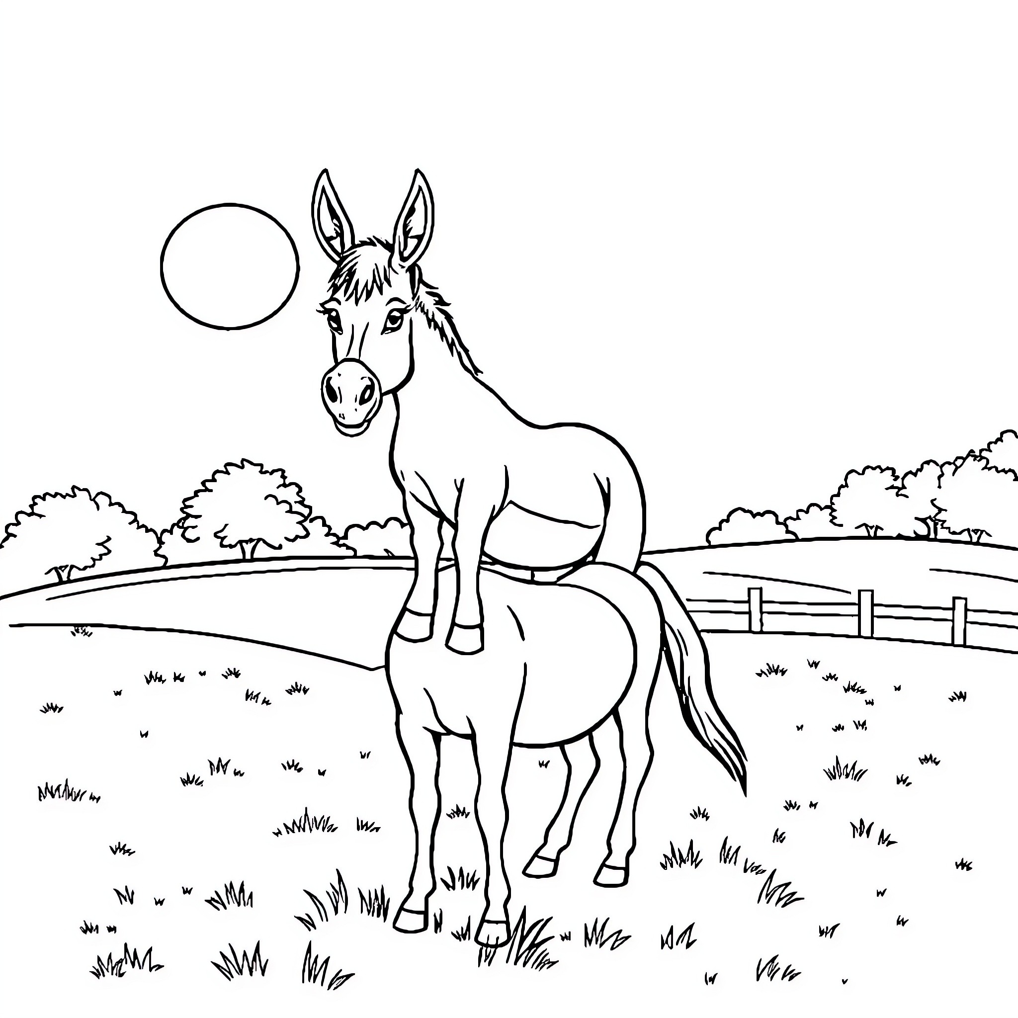 Donkey standing calmly in a pastoral scene Coloring Page (free black-and-white line drawing printable PDF for all, from beginners to advanced learners, including children, teens, adults, and seniors)