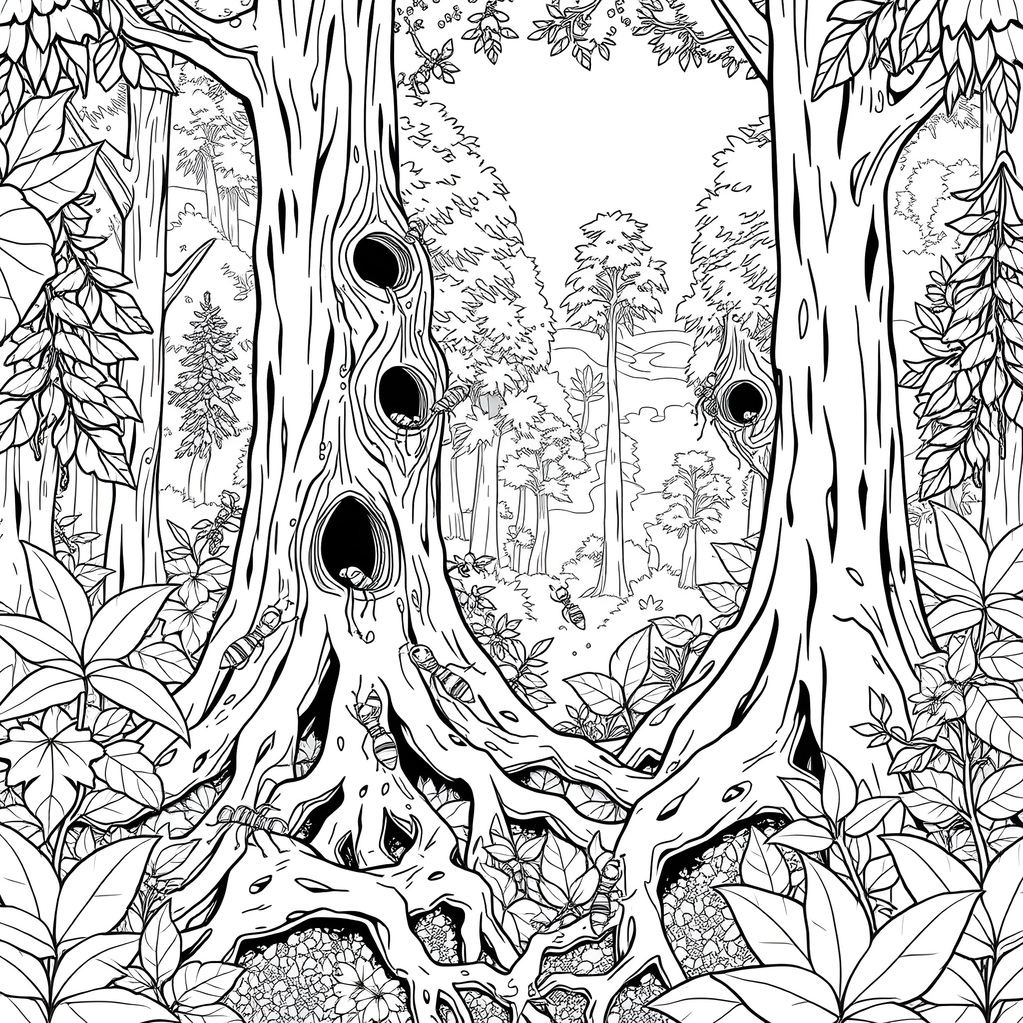 Ant exploring the enchanted forest landscape Coloring Page (free black-and-white line drawing printable PDF for all, from beginners to advanced learners, including children, teens, adults, and seniors)