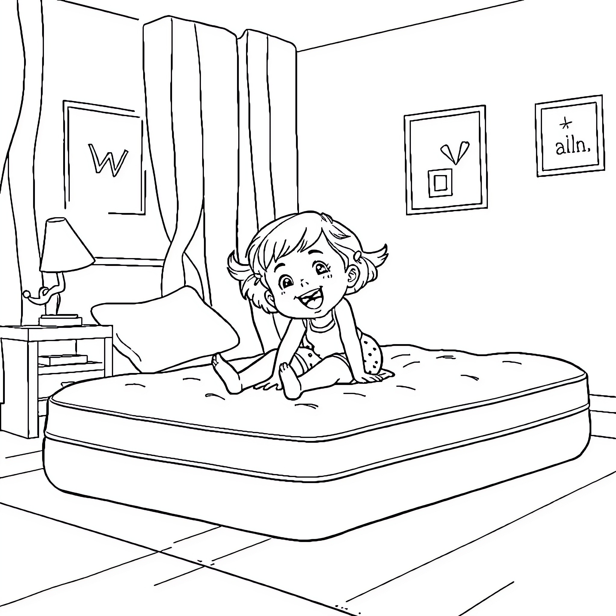Girl relaxing happily on bedroom mattress Coloring Page (free black-and-white line drawing printable PDF for all, from beginners to advanced learners, including children, teens, adults, and seniors)