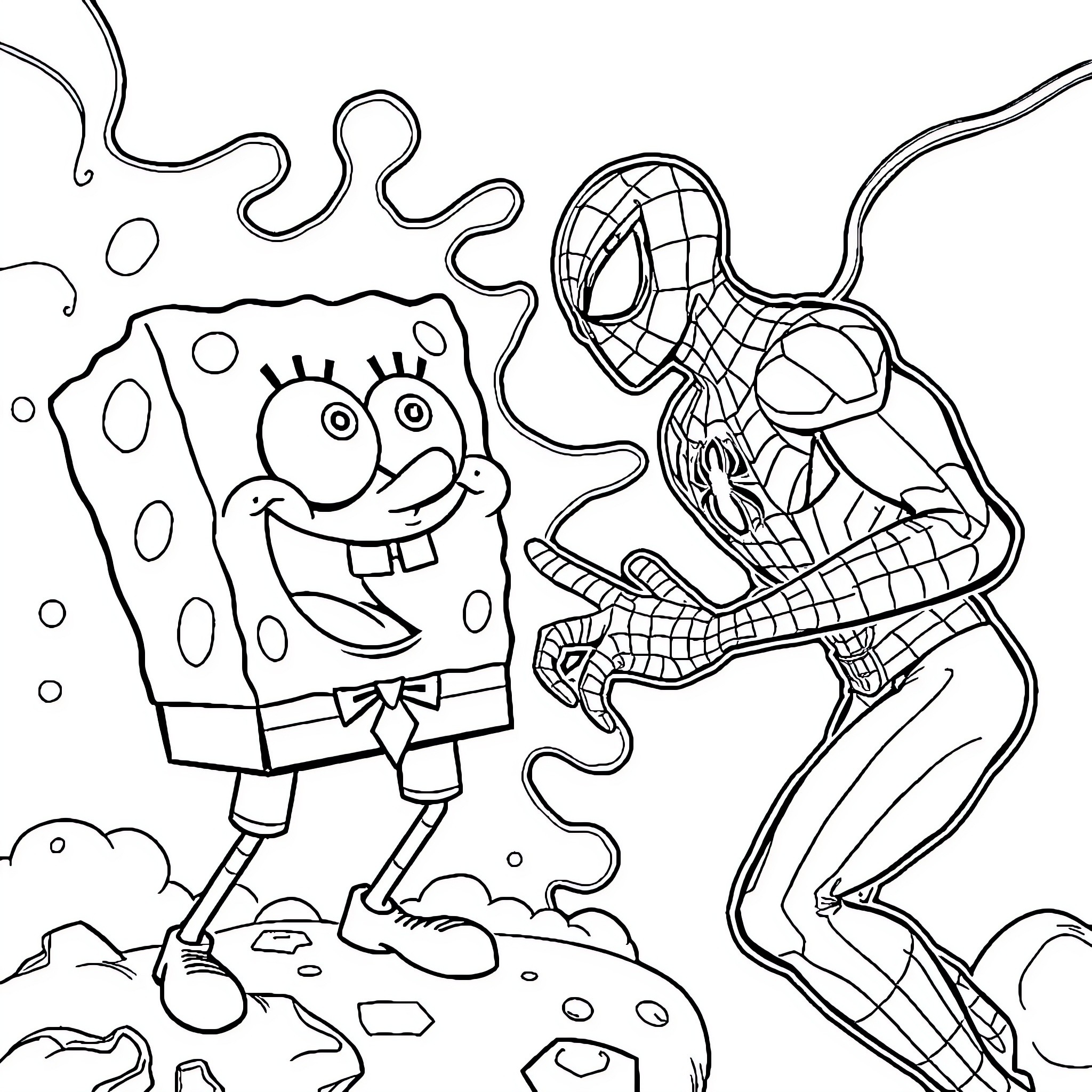Sponge Bob and Spiderman's Adventurous Encounter Coloring Page (free black-and-white line drawing printable PDF for all, from beginners to advanced learners, including children, teens, adults, and seniors)