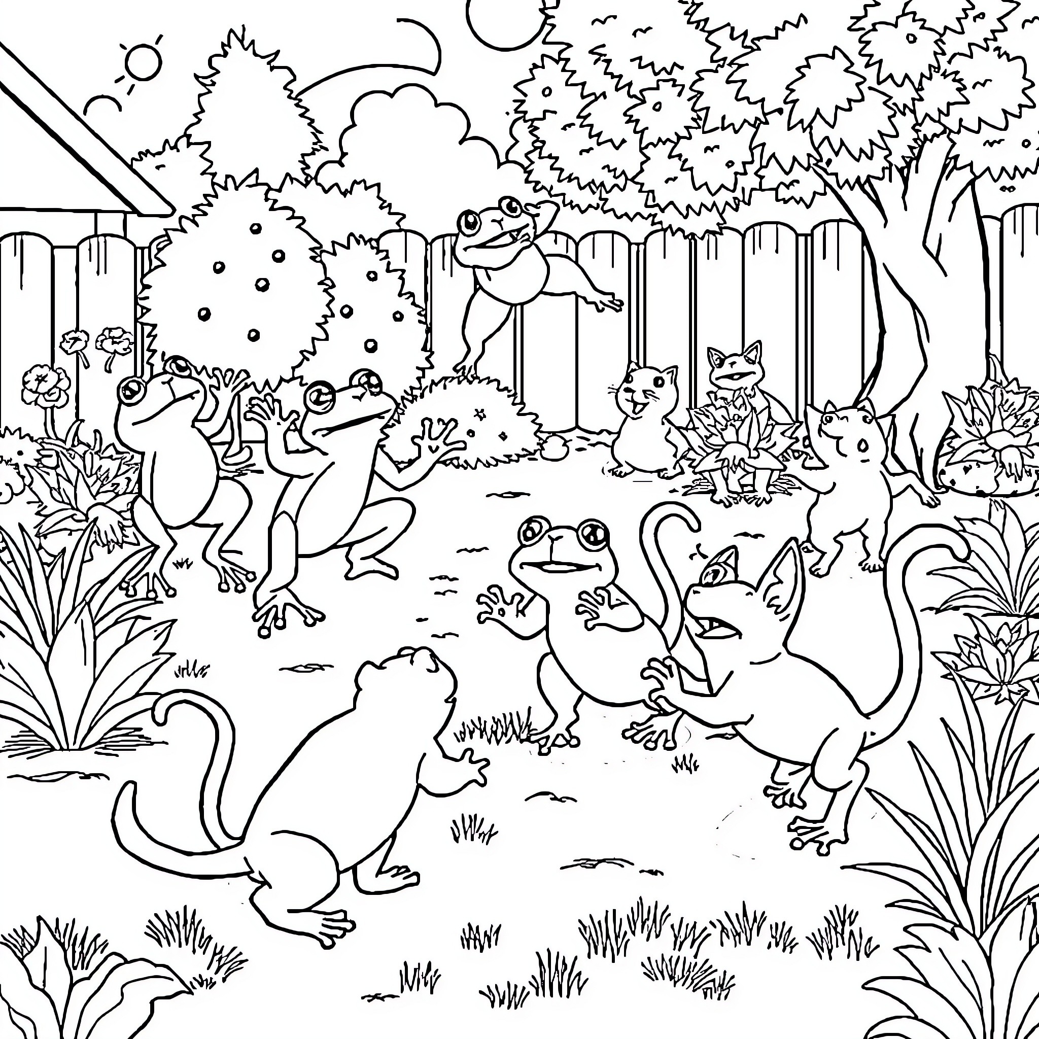 Frog and friends explore the enchanted forest Coloring Page (free black-and-white line drawing printable PDF for all, from beginners to advanced learners, including children, teens, adults, and seniors)