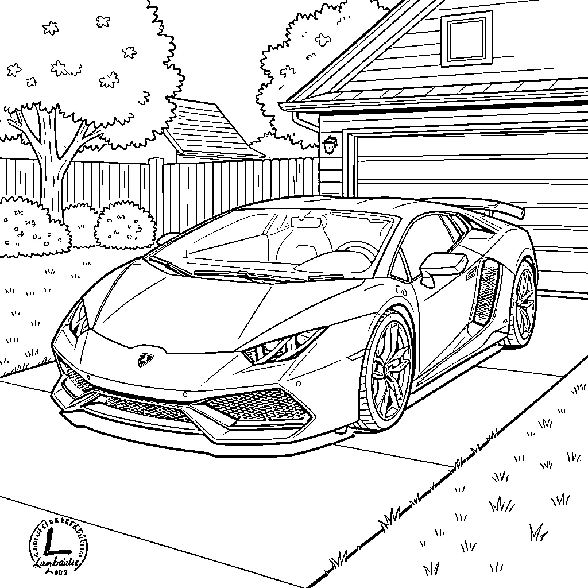 Lamborghini parked in front of a suburban house garage Coloring Page (free black-and-white line drawing printable PDF for all, from beginners to advanced learners, including children, teens, adults, and seniors)