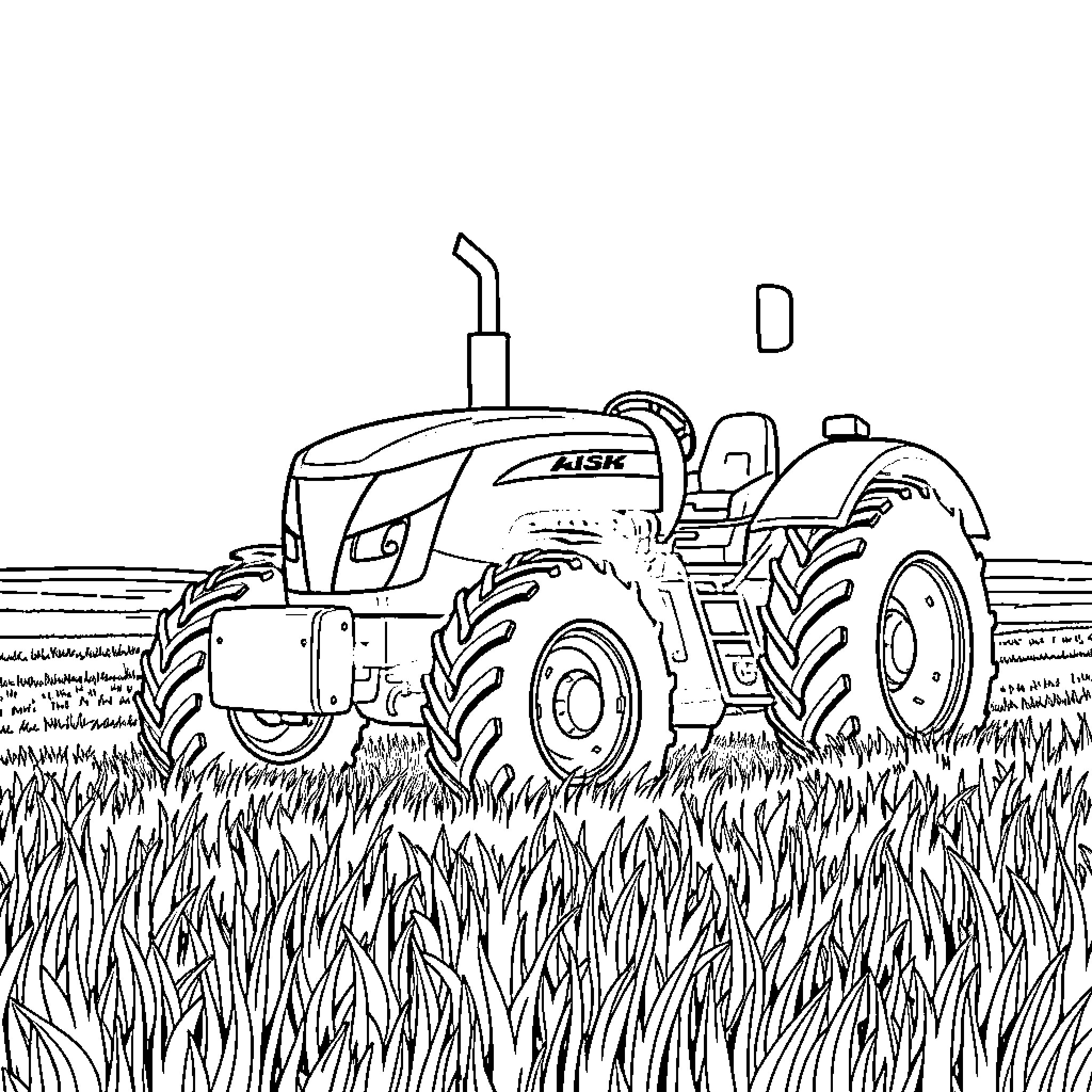 Tractor plowing through grassy field Coloring Page (free black-and-white line drawing printable PDF for all, from beginners to advanced learners, including children, teens, adults, and seniors)