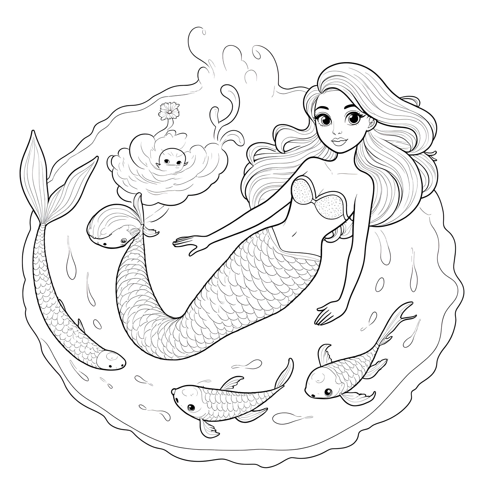 Mermaid swimming with sea creatures in the ocean Coloring Page (free black-and-white line drawing printable PDF for all, from beginners to advanced learners, including children, teens, adults, and seniors)