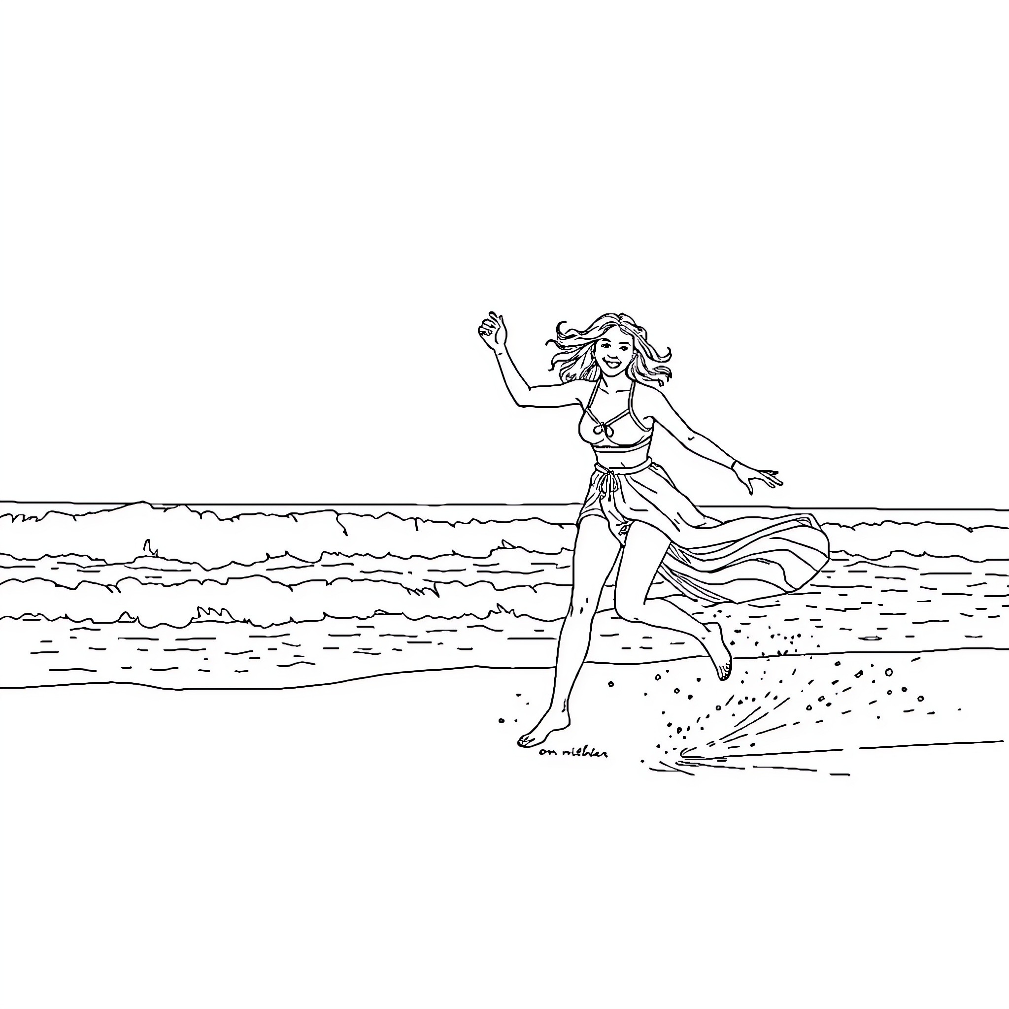 Sister dances joyfully on the beach Coloring Page (free black-and-white line drawing printable PDF for all, from beginners to advanced learners, including children, teens, adults, and seniors)