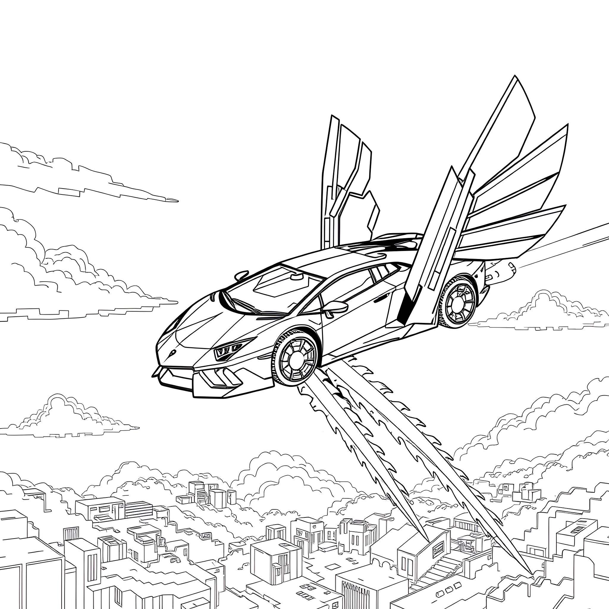 Lamborghini supercar soaring over futuristic city Coloring Page (free black-and-white line drawing printable PDF for all, from beginners to advanced learners, including children, teens, adults, and seniors)