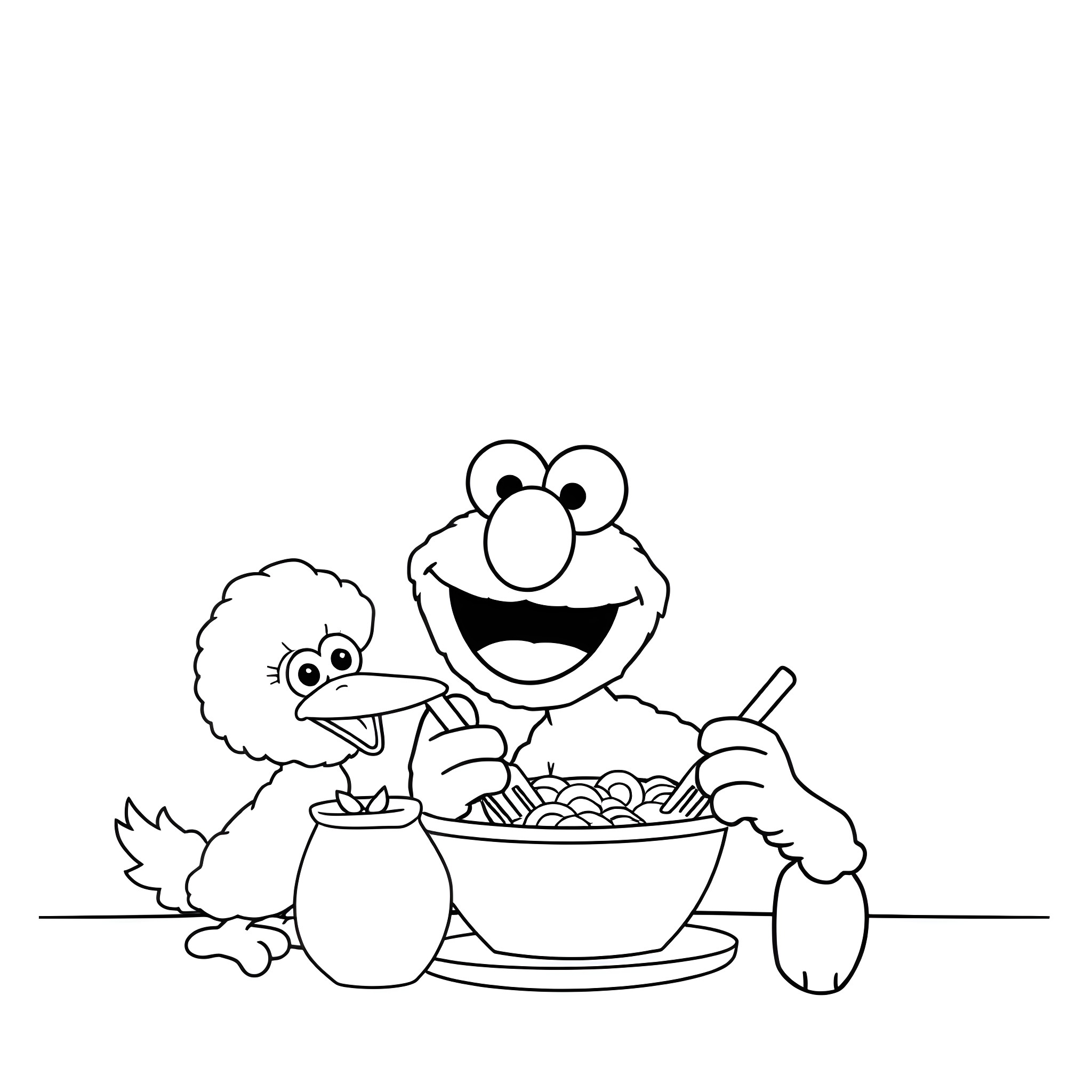 Elmo and his friend enjoy a tasty meal together Coloring Page (free black-and-white line drawing printable PDF for all, from beginners to advanced learners, including children, teens, adults, and seniors)