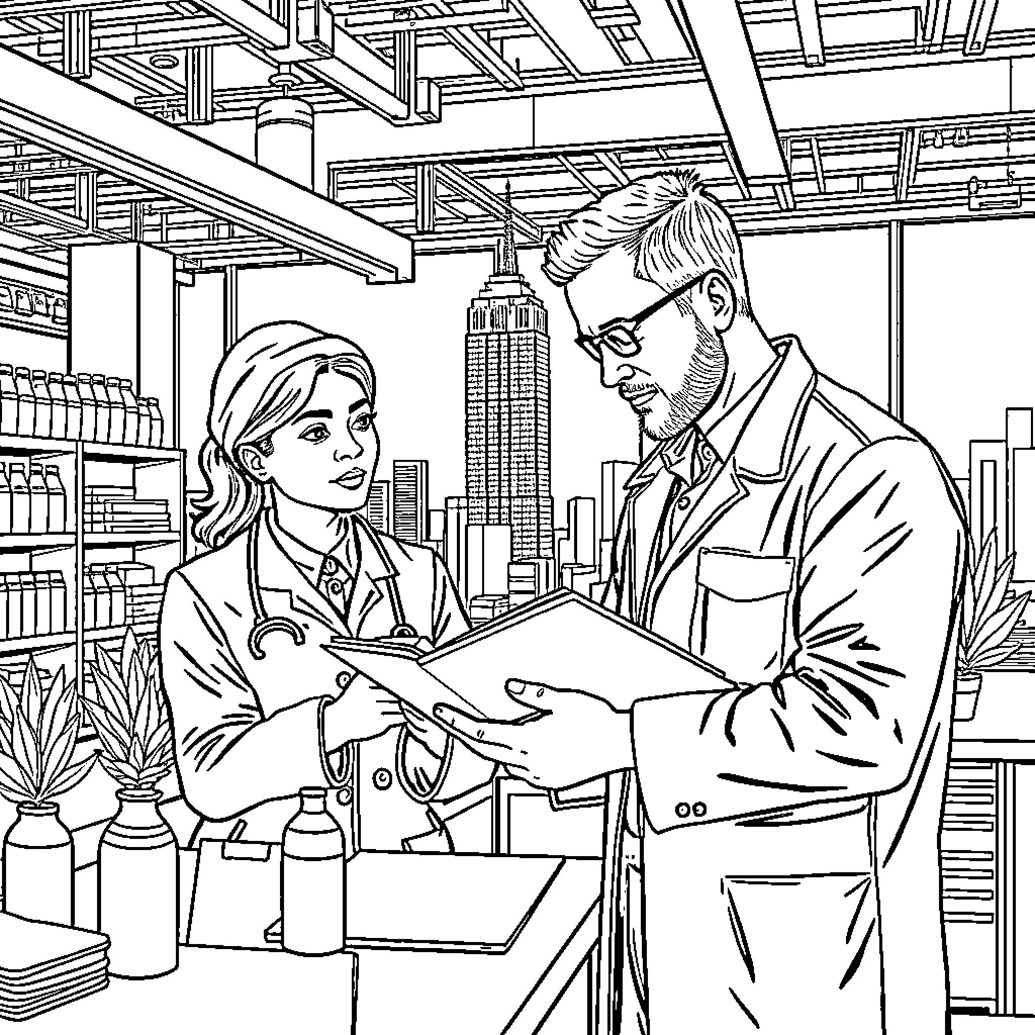 Farmacéutico discussing medical documents with patient Coloring Page (free black-and-white line drawing printable PDF for all, from beginners to advanced learners, including children, teens, adults, and seniors)