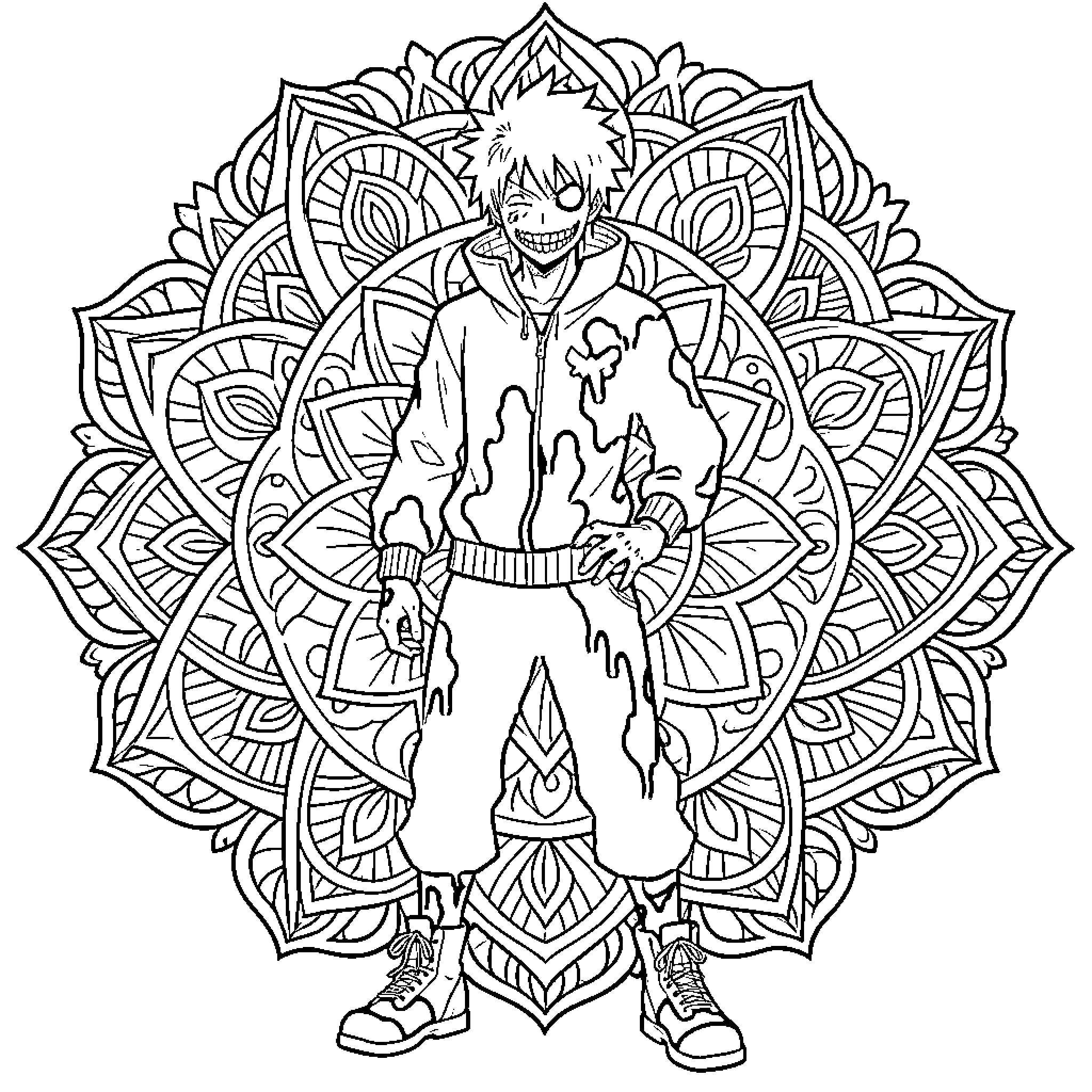 Ichigo standing confidently in front of a mandala pattern Coloring Page (free black-and-white line drawing printable PDF for all, from beginners to advanced learners, including children, teens, adults, and seniors)