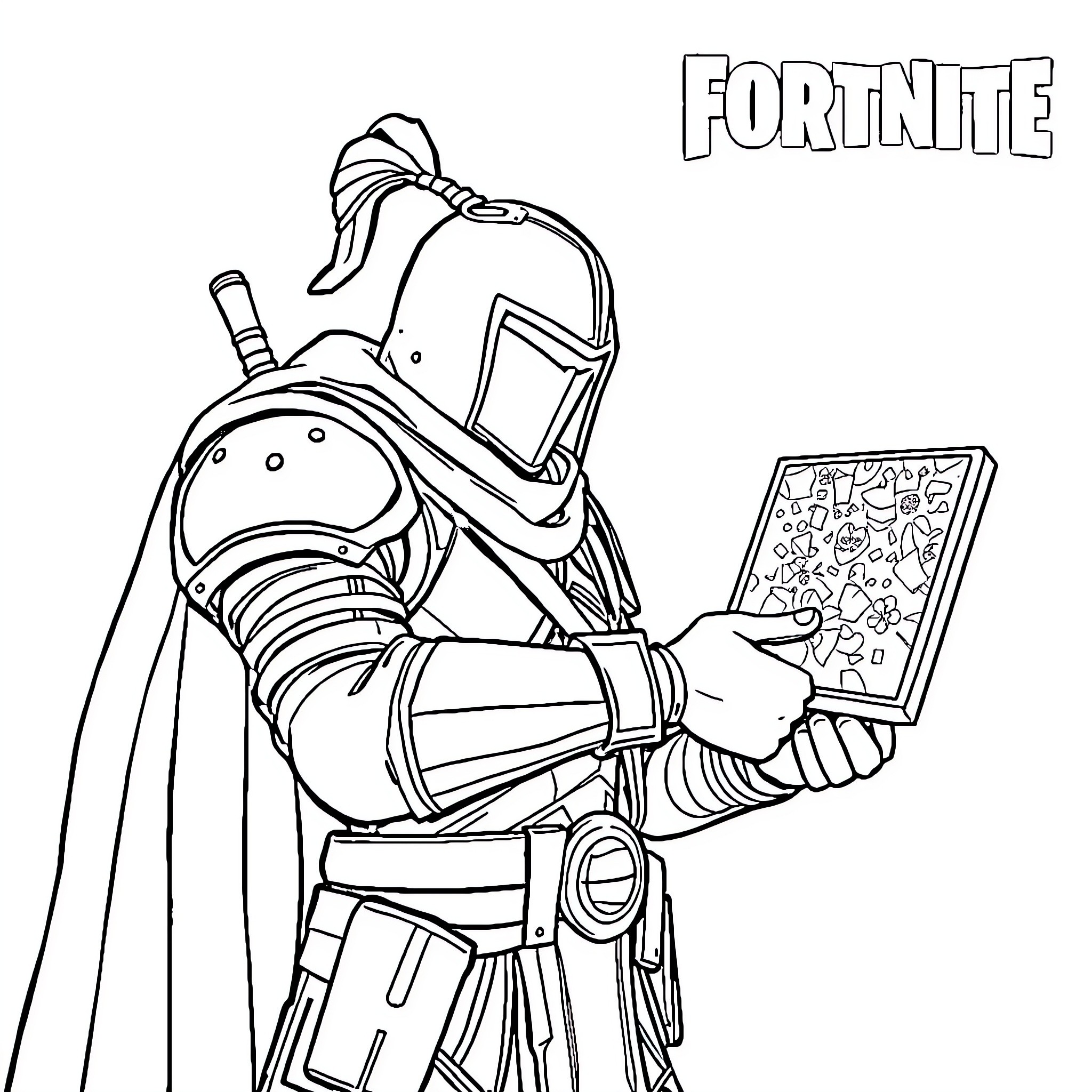 Chevalier in armored battle stance with tactical device Coloring Page (free black-and-white line drawing printable PDF for all, from beginners to advanced learners, including children, teens, adults, and seniors)