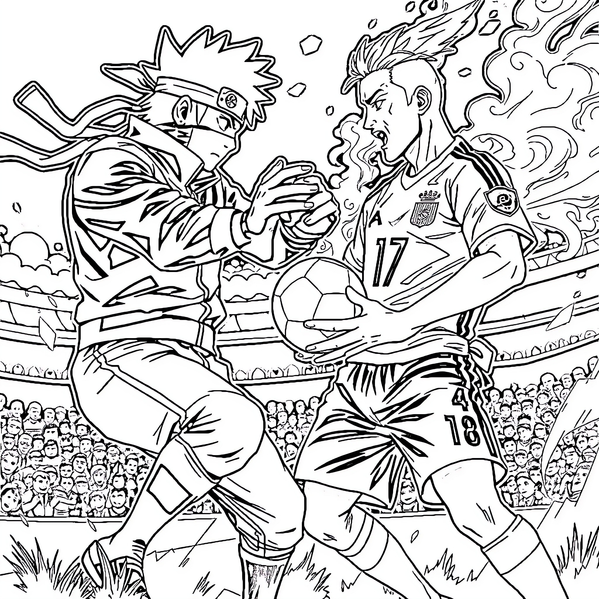 Kakashi players in an intense soccer match Coloring Page (free black-and-white line drawing printable PDF for all, from beginners to advanced learners, including children, teens, adults, and seniors)