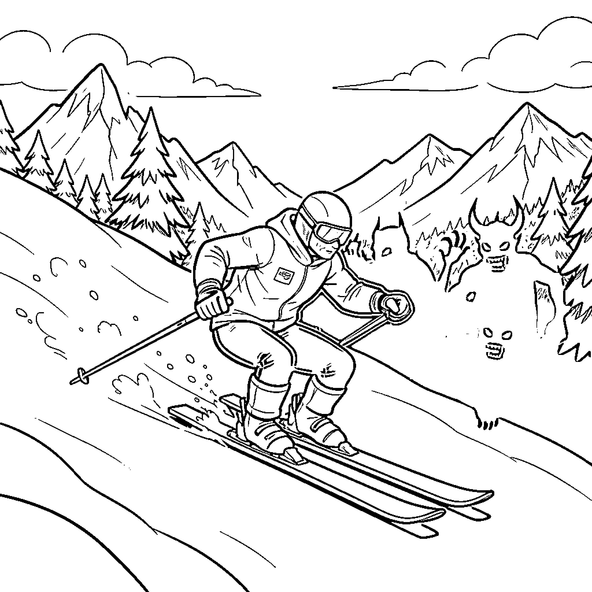 Huntrix skiing through the snowy mountain landscape Coloring Page (free black-and-white line drawing printable PDF for all, from beginners to advanced learners, including children, teens, adults, and seniors)