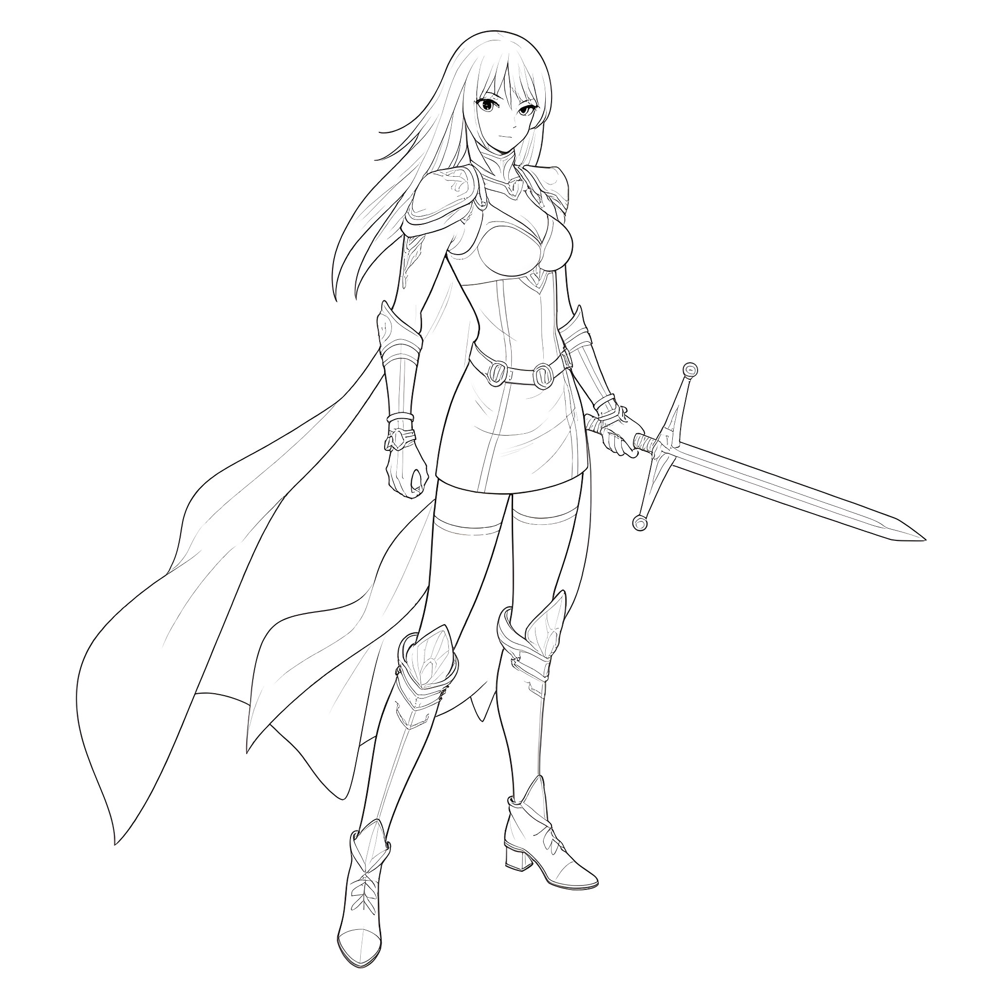 Claire the Heroic Swordswoman Coloring Page (free black-and-white line drawing printable PDF for all, from beginners to advanced learners, including children, teens, adults, and seniors)