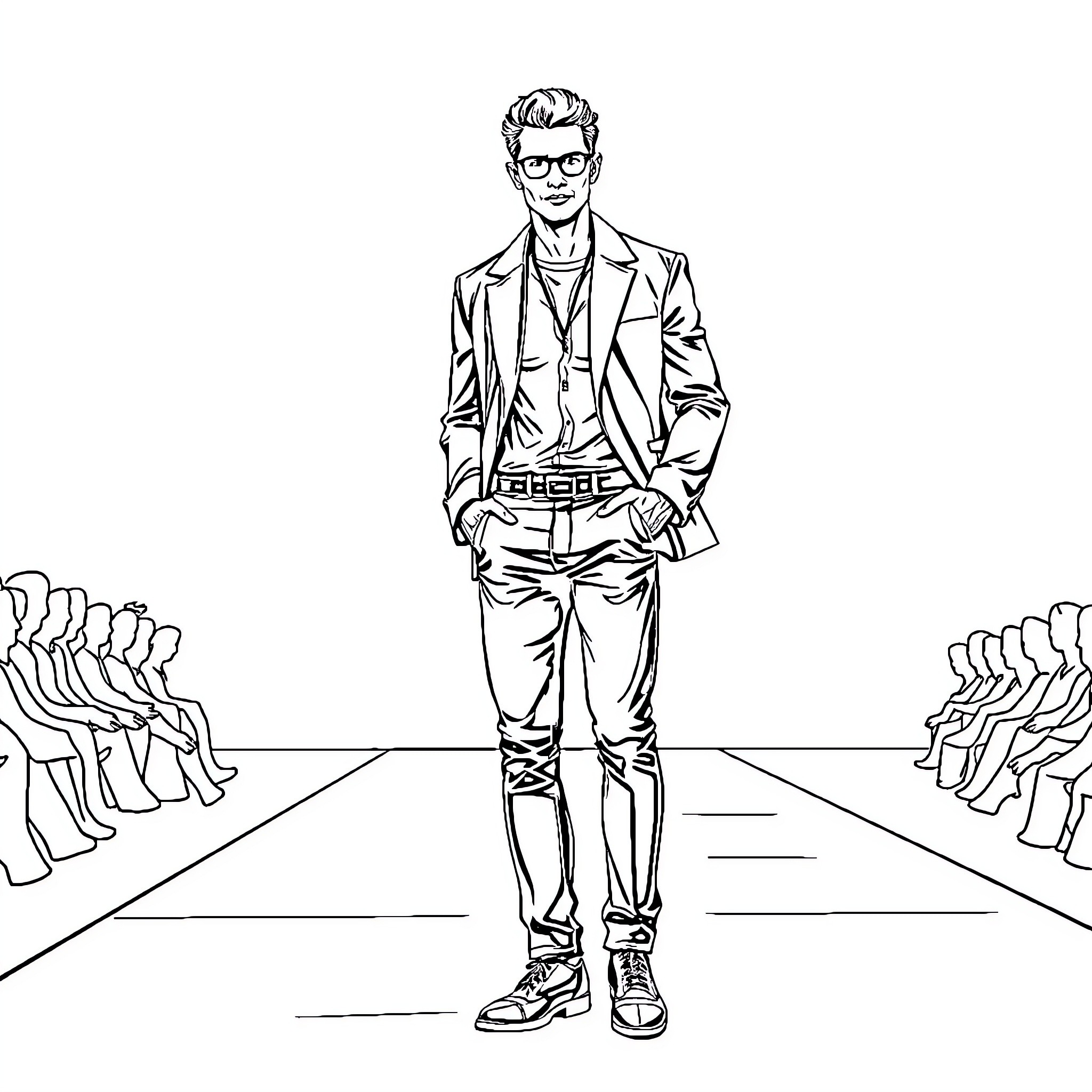 Man confidently walking on fashion runway Coloring Page (free black-and-white line drawing printable PDF for all, from beginners to advanced learners, including children, teens, adults, and seniors)