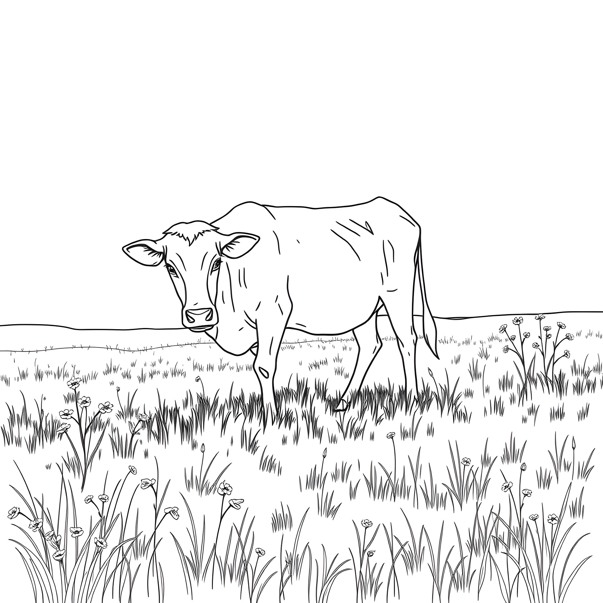 Calf grazing in a grassy field Coloring Page (free black-and-white line drawing printable PDF for all, from beginners to advanced learners, including children, teens, adults, and seniors)