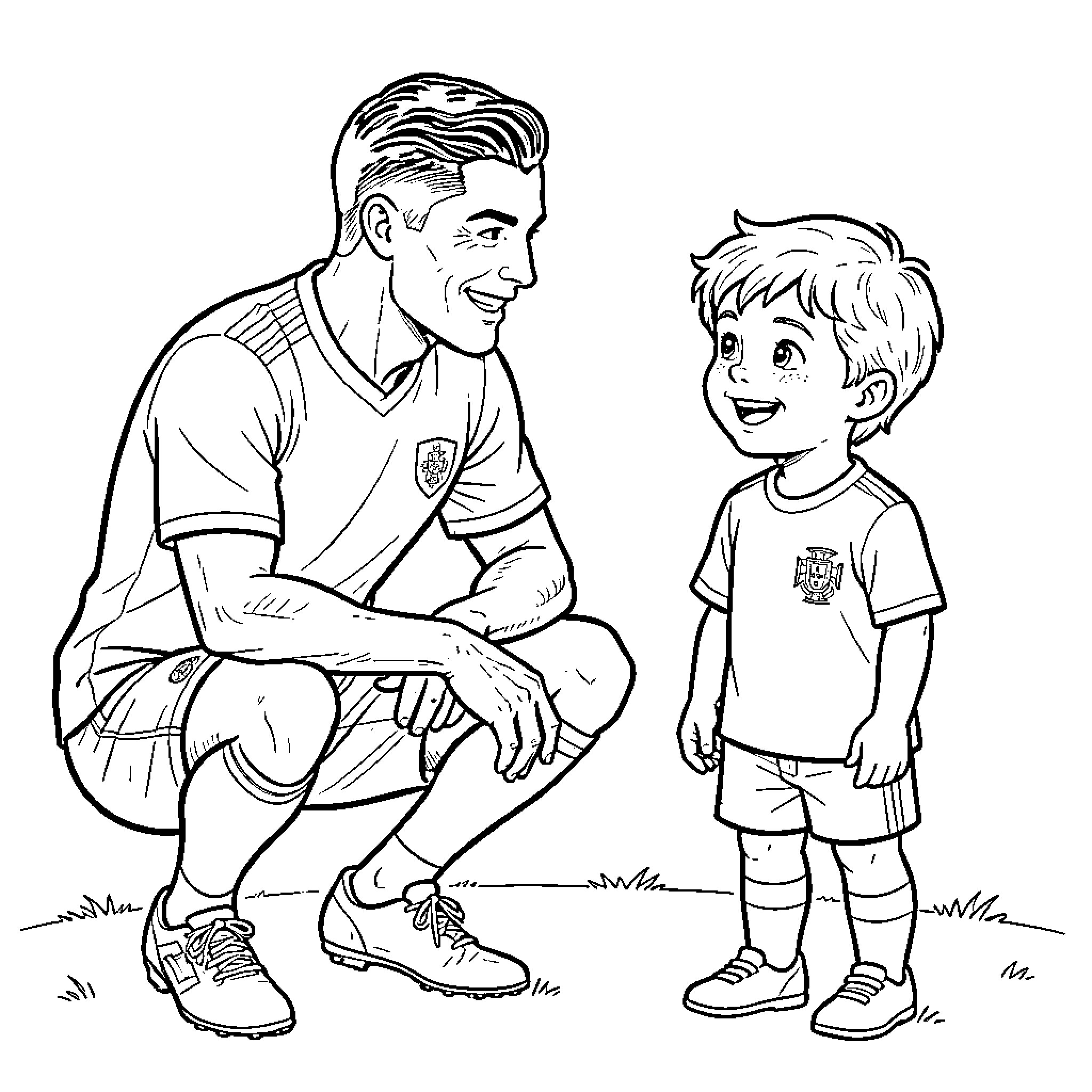 Cristiano Ronaldo smiling while interacting with a young fan Coloring Page (free black-and-white line drawing printable PDF for all, from beginners to advanced learners, including children, teens, adults, and seniors)