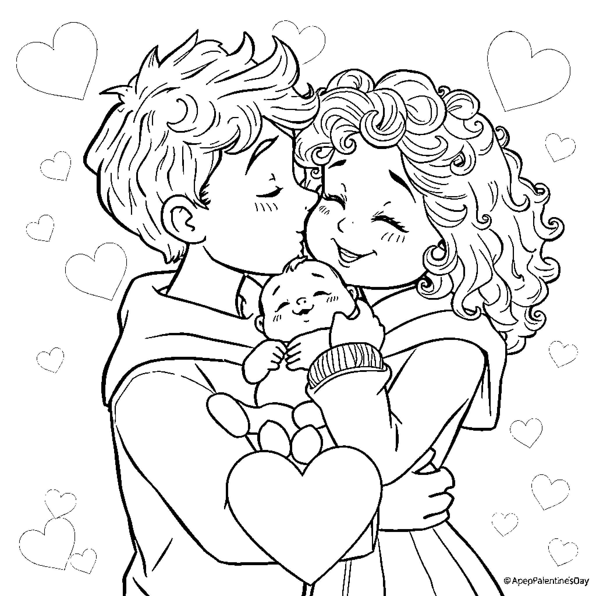 Boy and Girl Embracing with Baby Coloring Page (free black-and-white line drawing printable PDF for all, from beginners to advanced learners, including children, teens, adults, and seniors)