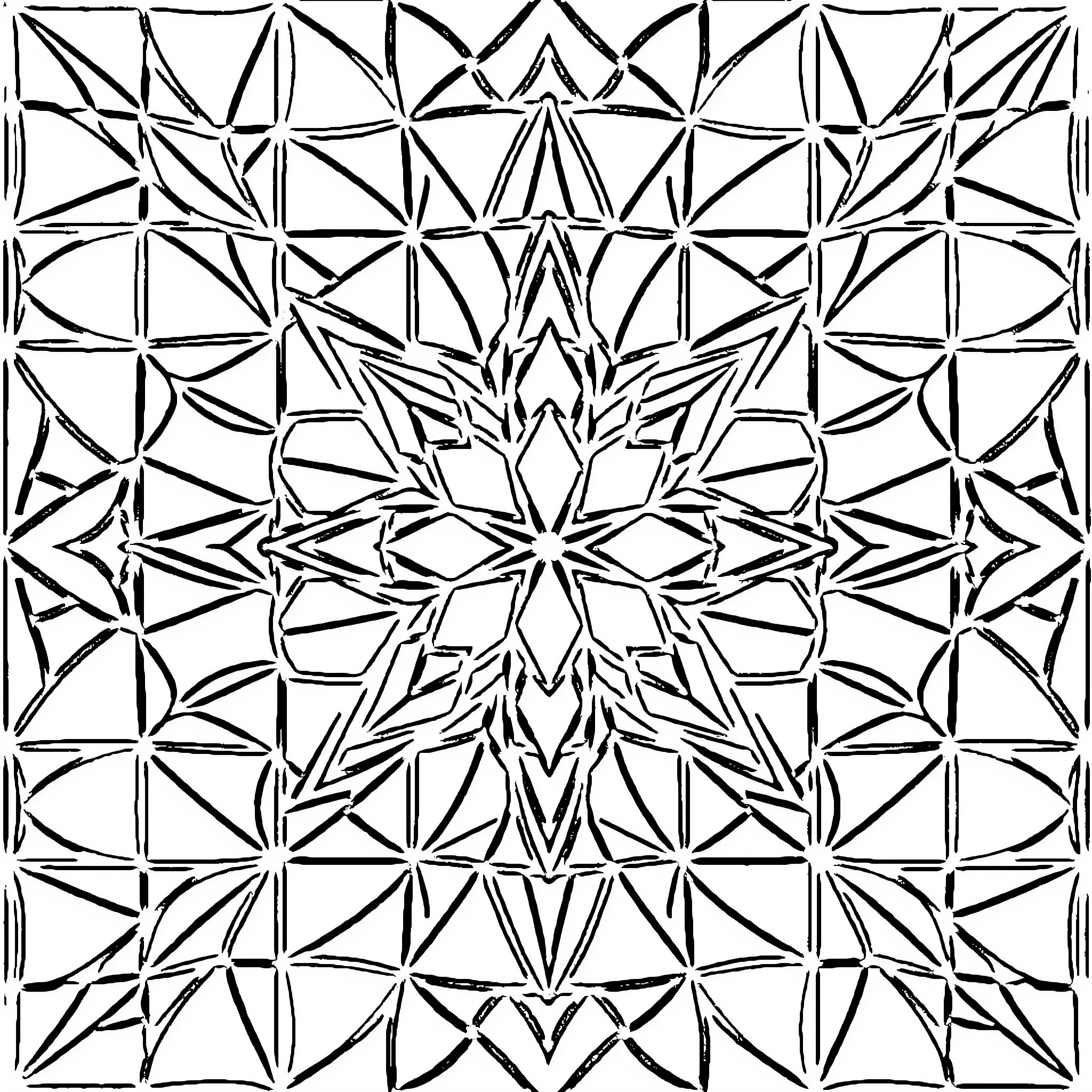 Geometric Shapes in Abstract Symmetrical Pattern Coloring Page (free black-and-white line drawing printable PDF for all, from beginners to advanced learners, including children, teens, adults, and seniors)