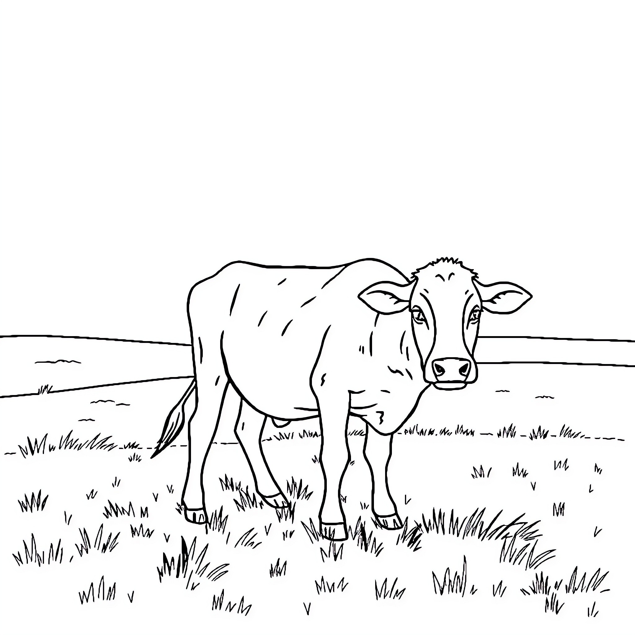 Cow standing calmly in grassy field Coloring Page (free black-and-white line drawing printable PDF for all, from beginners to advanced learners, including children, teens, adults, and seniors)