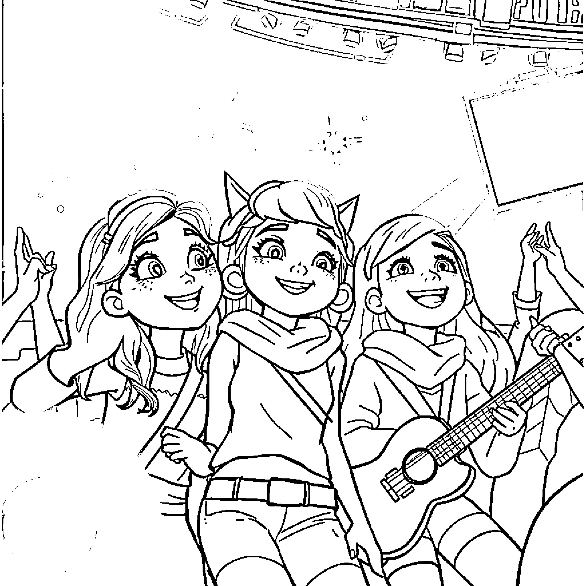 Huntrix Characters Performing on Stage Coloring Page (free black-and-white line drawing printable PDF for all, from beginners to advanced learners, including children, teens, adults, and seniors)