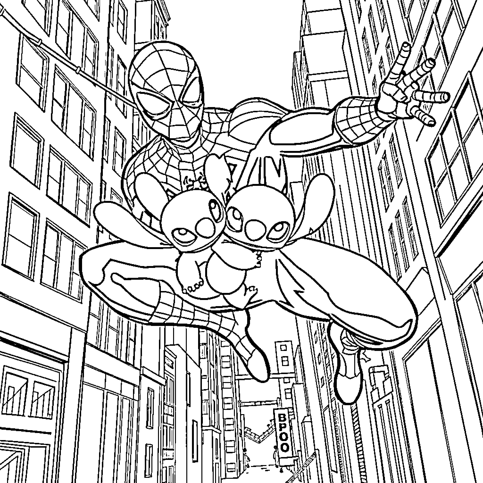 Spider-Man swinging through the city with Stitch Coloring Page (free black-and-white line drawing printable PDF for all, from beginners to advanced learners, including children, teens, adults, and seniors)