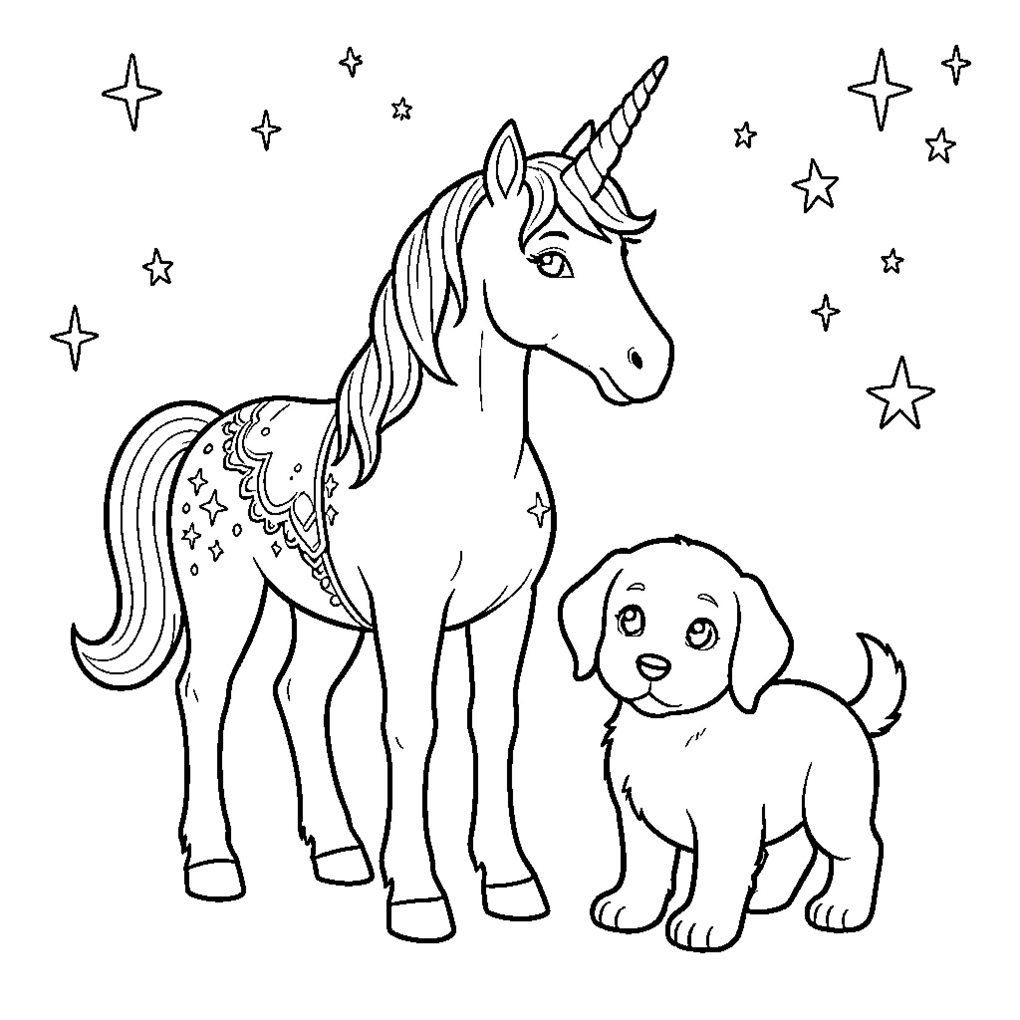 Unicorn and puppy stargazing together Coloring Page (free black-and-white line drawing printable PDF for all, from beginners to advanced learners, including children, teens, adults, and seniors)