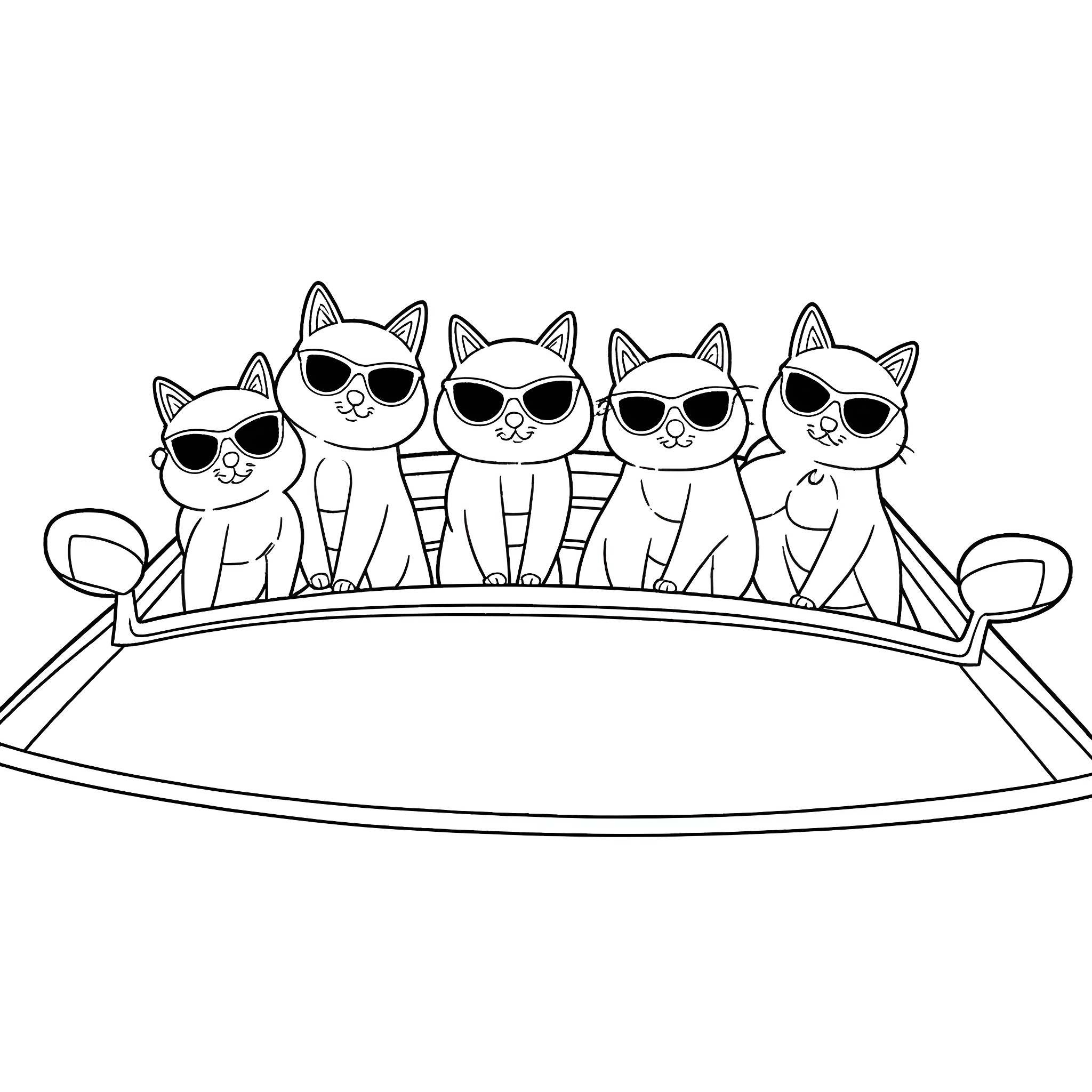 Cats wearing sunglasses in a boat Coloring Page (free black-and-white line drawing printable PDF for all, from beginners to advanced learners, including children, teens, adults, and seniors)
