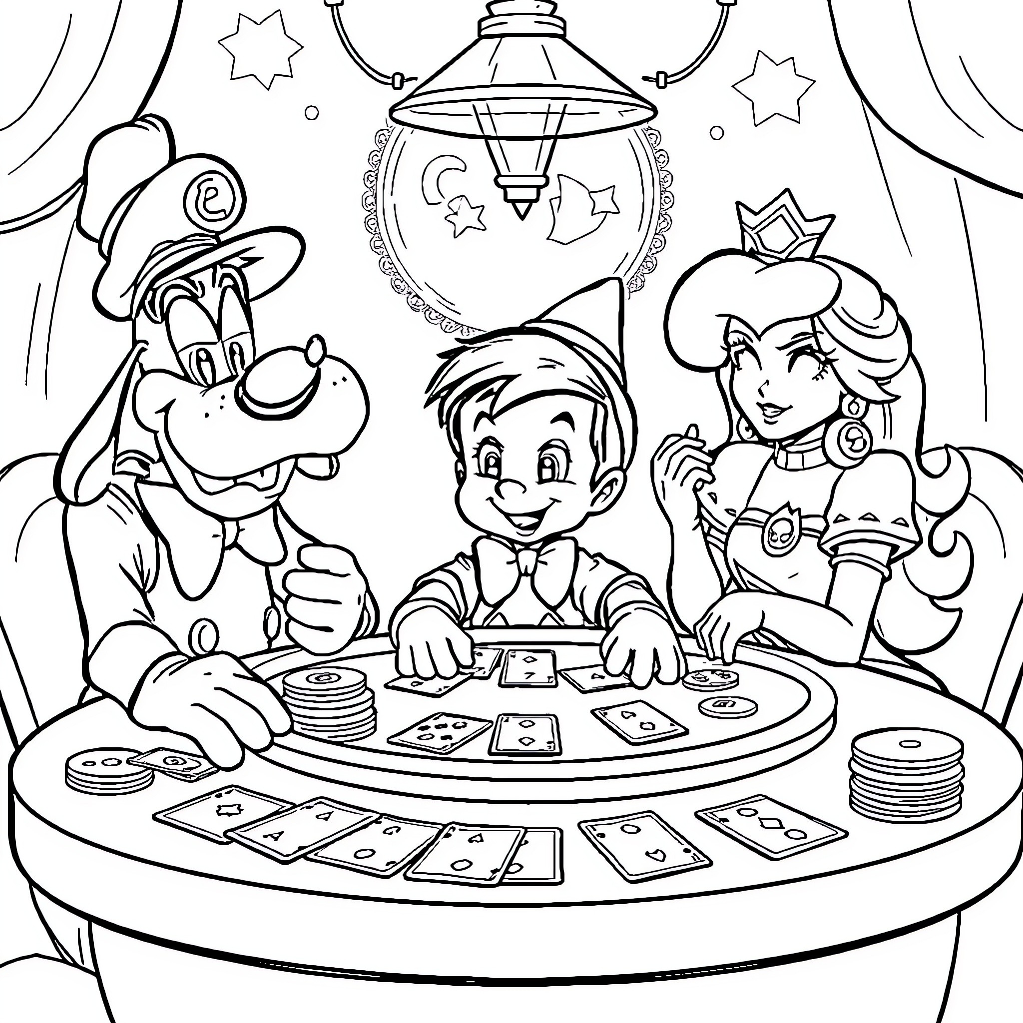 Pinocchio and Friends Playing Cards in Magical Theatre Coloring Page (free black-and-white line drawing printable PDF for all, from beginners to advanced learners, including children, teens, adults, and seniors)