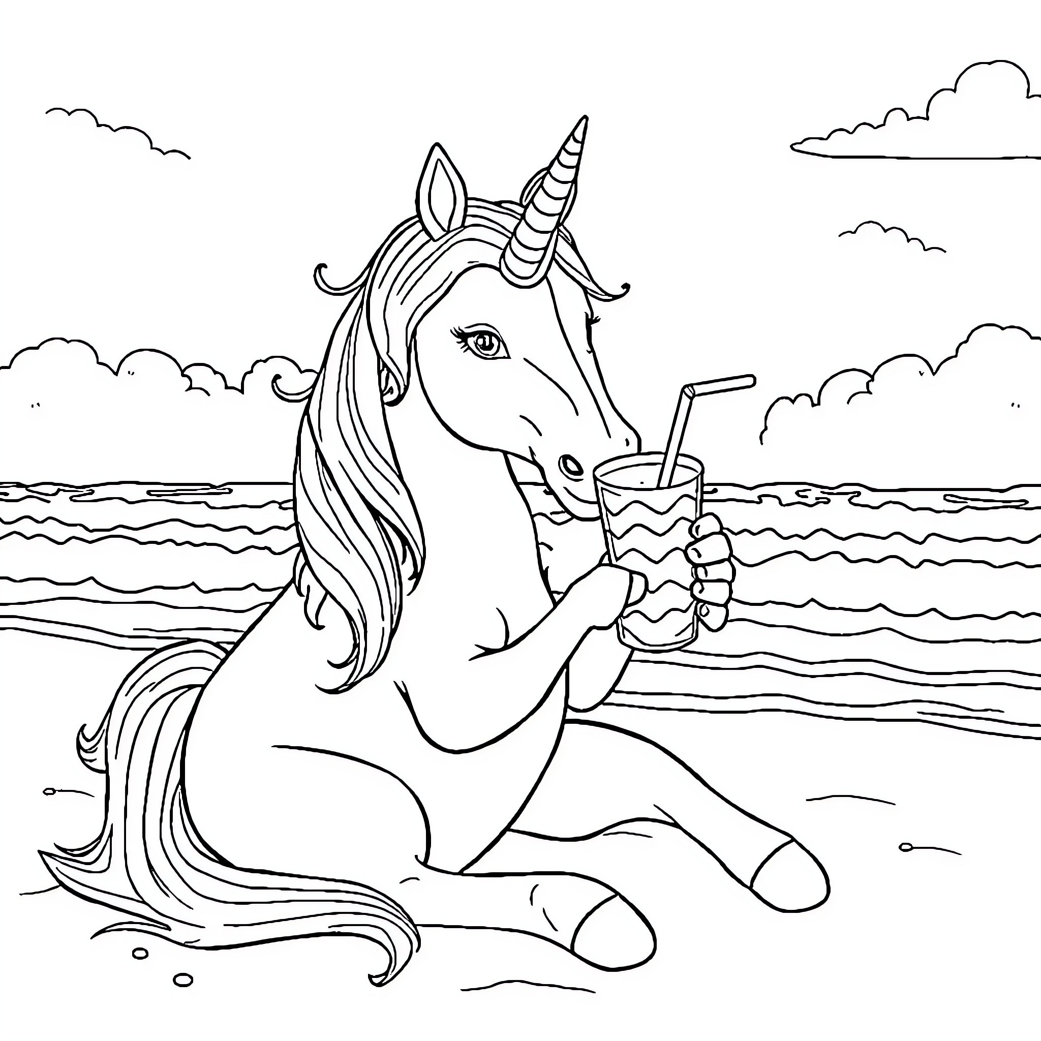 Unicorn relaxing on the beach with a drink Coloring Page (free black-and-white line drawing printable PDF for all, from beginners to advanced learners, including children, teens, adults, and seniors)