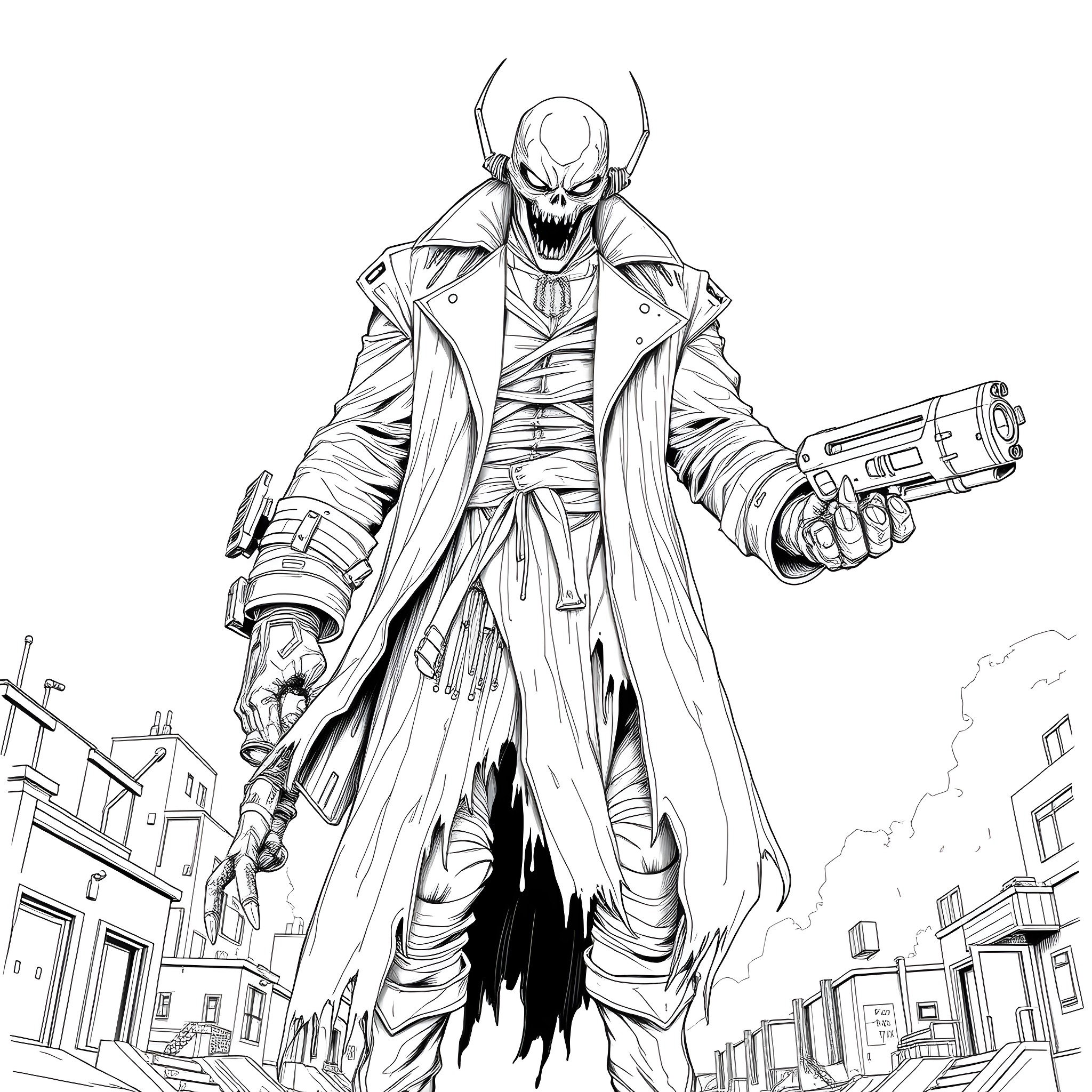 Nemesis Stalking the City Streets with Deadly Intent Coloring Page (free black-and-white line drawing printable PDF for all, from beginners to advanced learners, including children, teens, adults, and seniors)