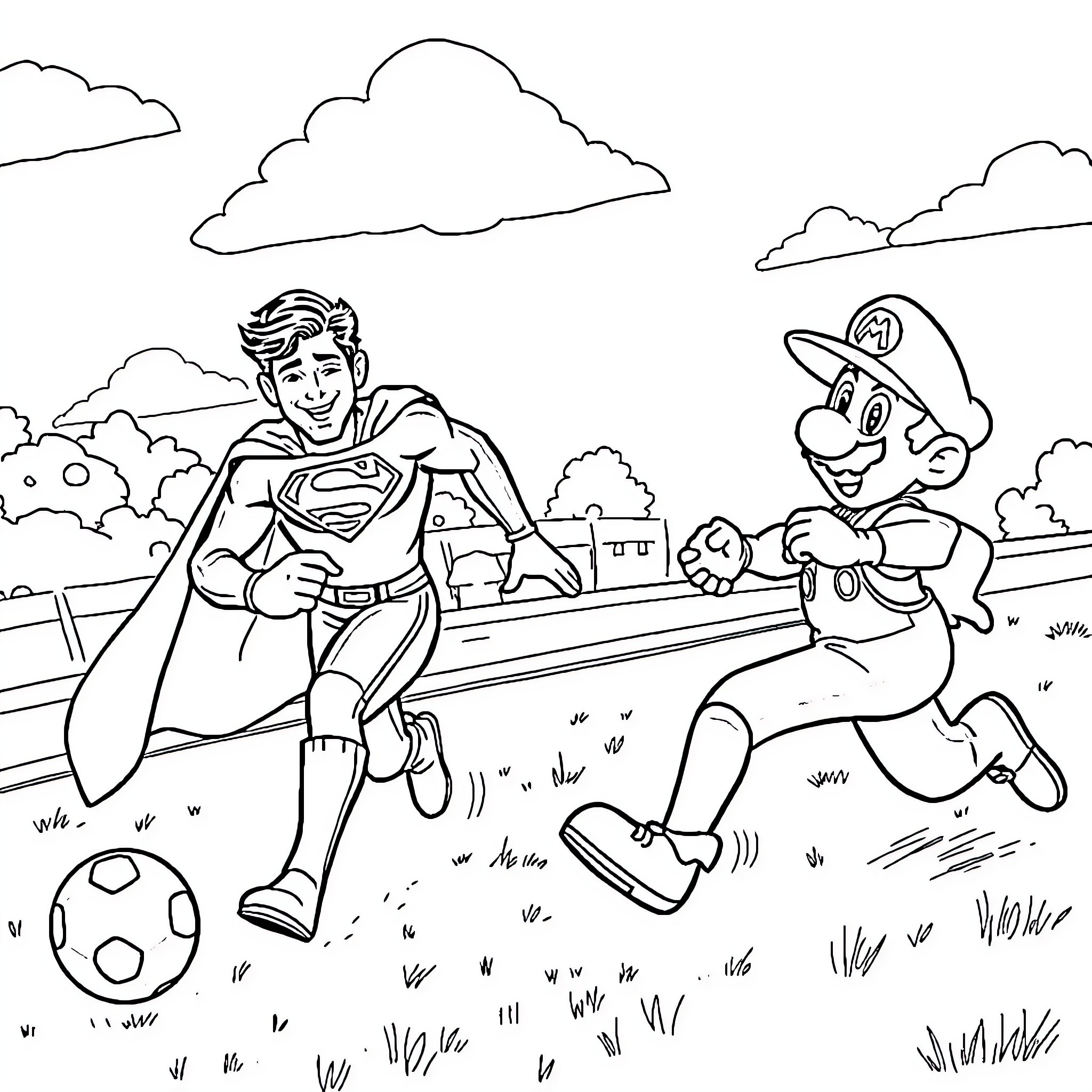 Superman and Super Mario playing soccer together Coloring Page (free black-and-white line drawing printable PDF for all, from beginners to advanced learners, including children, teens, adults, and seniors)
