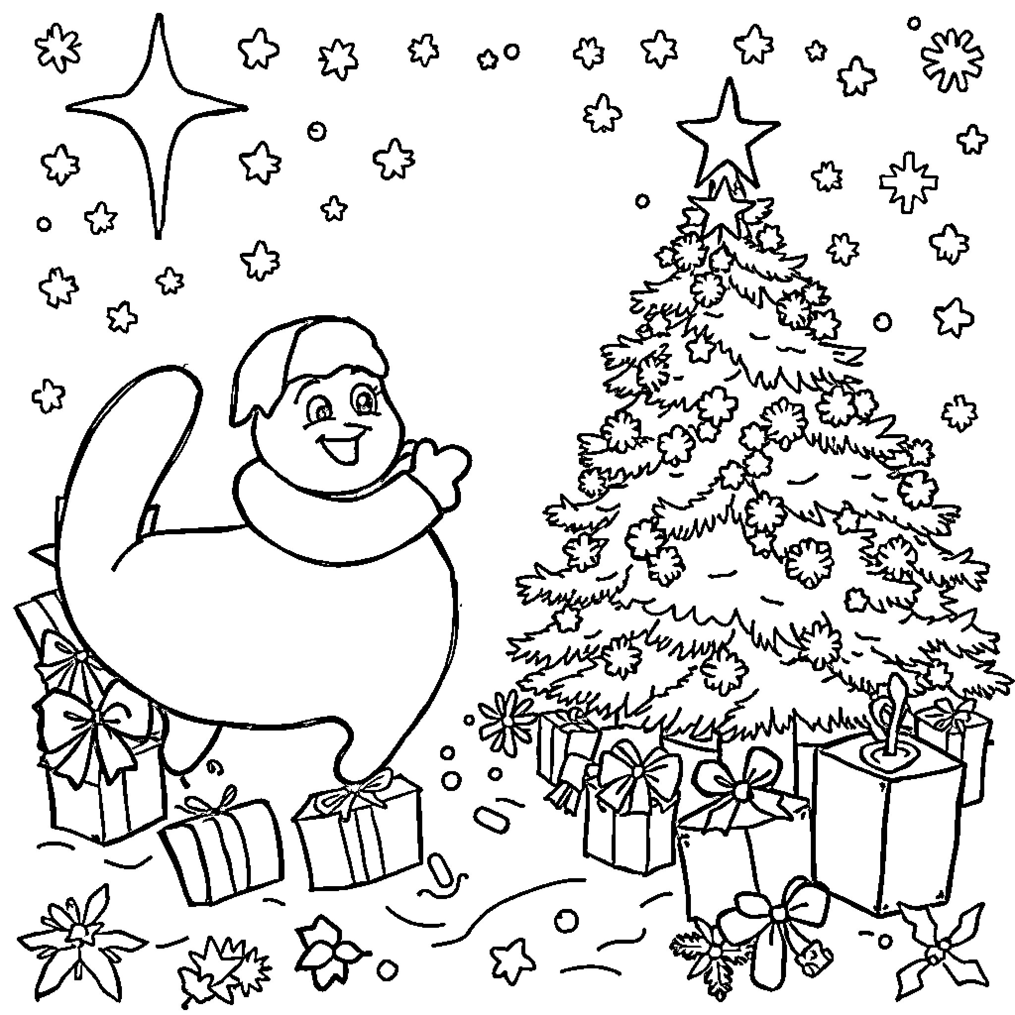 Christmas joyful decorations and presents Coloring Page (free black-and-white line drawing printable PDF for all, from beginners to advanced learners, including children, teens, adults, and seniors)