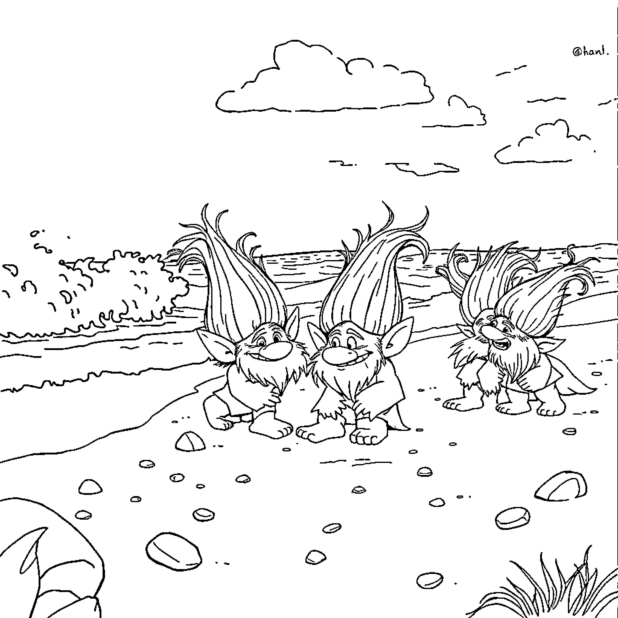 Troll Creatures Frolicking on a Whimsical Landscape Coloring Page (free black-and-white line drawing printable PDF for all, from beginners to advanced learners, including children, teens, adults, and seniors)