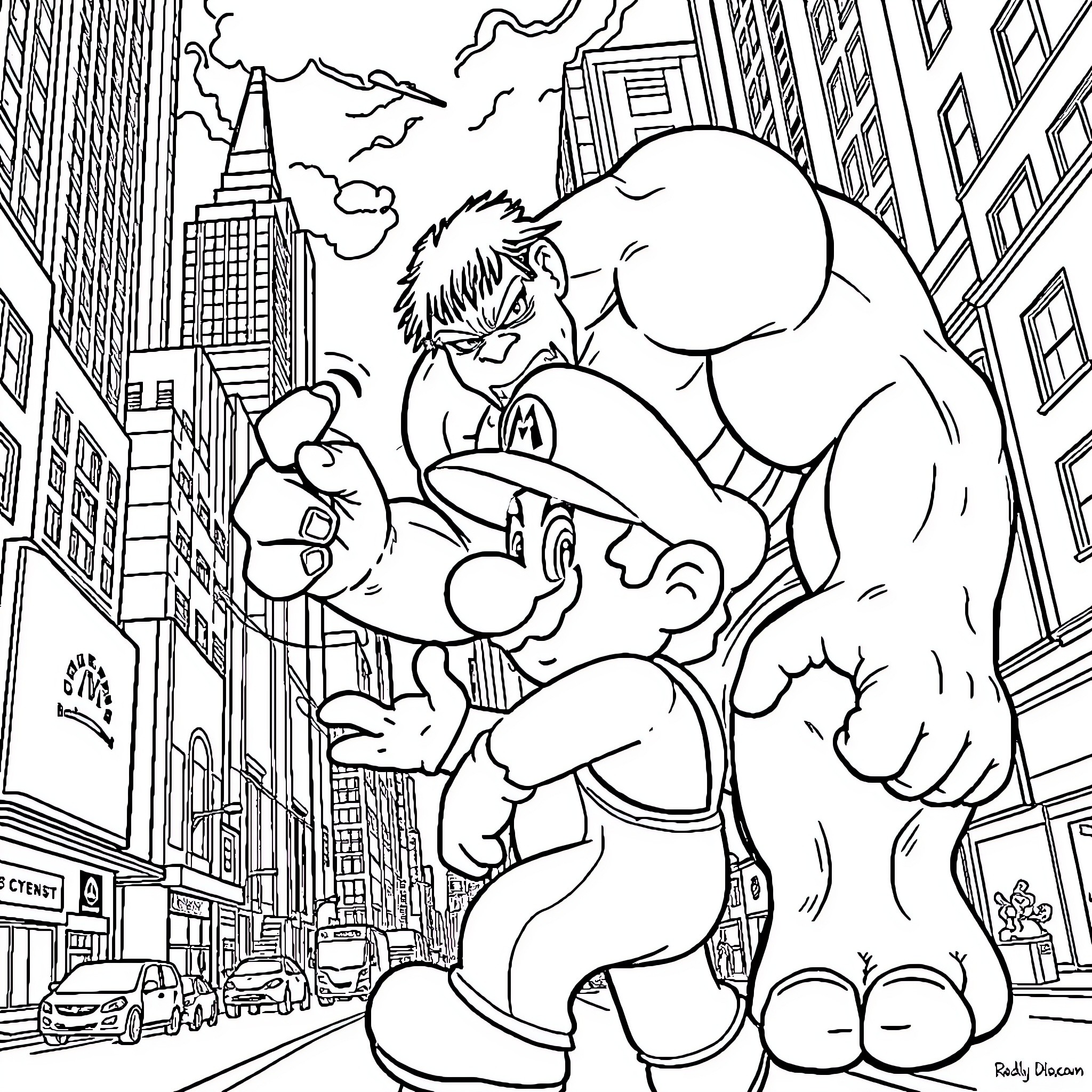 Mario's Heroic Battle in the City Coloring Page (free black-and-white line drawing printable PDF for all, from beginners to advanced learners, including children, teens, adults, and seniors)