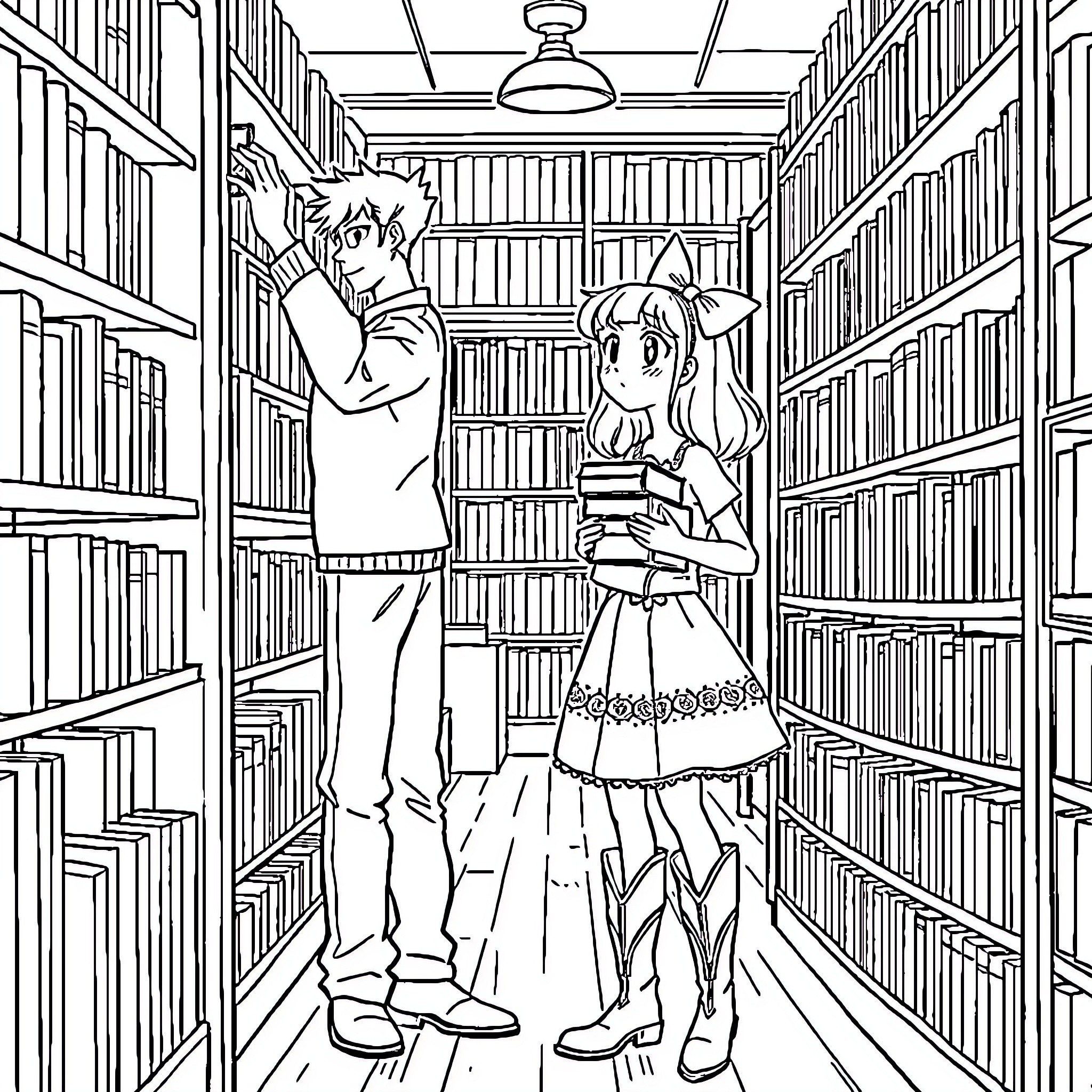 Girl explores library with friend Coloring Page (free black-and-white line drawing printable PDF for all, from beginners to advanced learners, including children, teens, adults, and seniors)